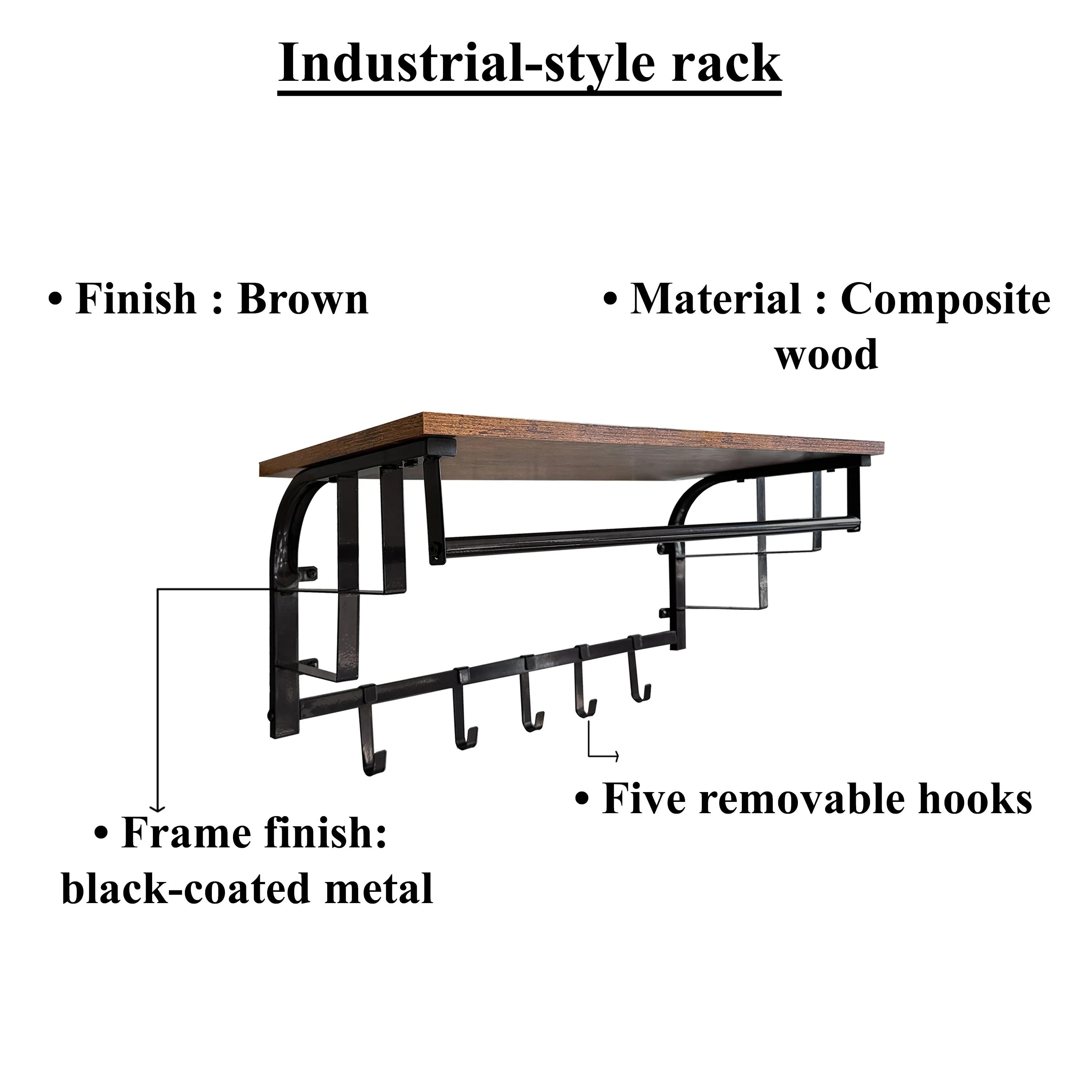 26 Inch Industrial Metal Frame Wall Mount Coat Rack, 5 Hooks, 1 Shelf, Rustic Brown, Black By Casagear Home