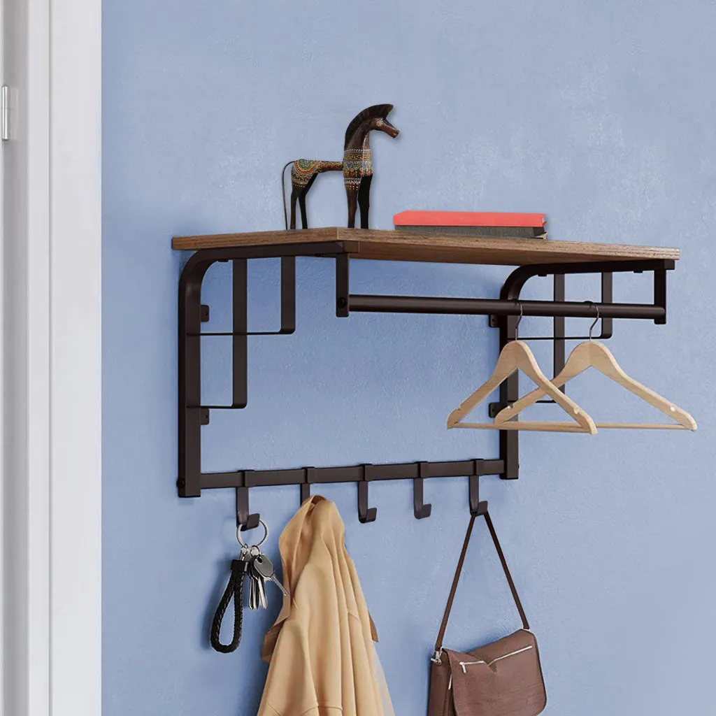 26 Inch Industrial Metal Frame Wall Mount Coat Rack, 5 Hooks, 1 Shelf, Rustic Brown, Black By Casagear Home