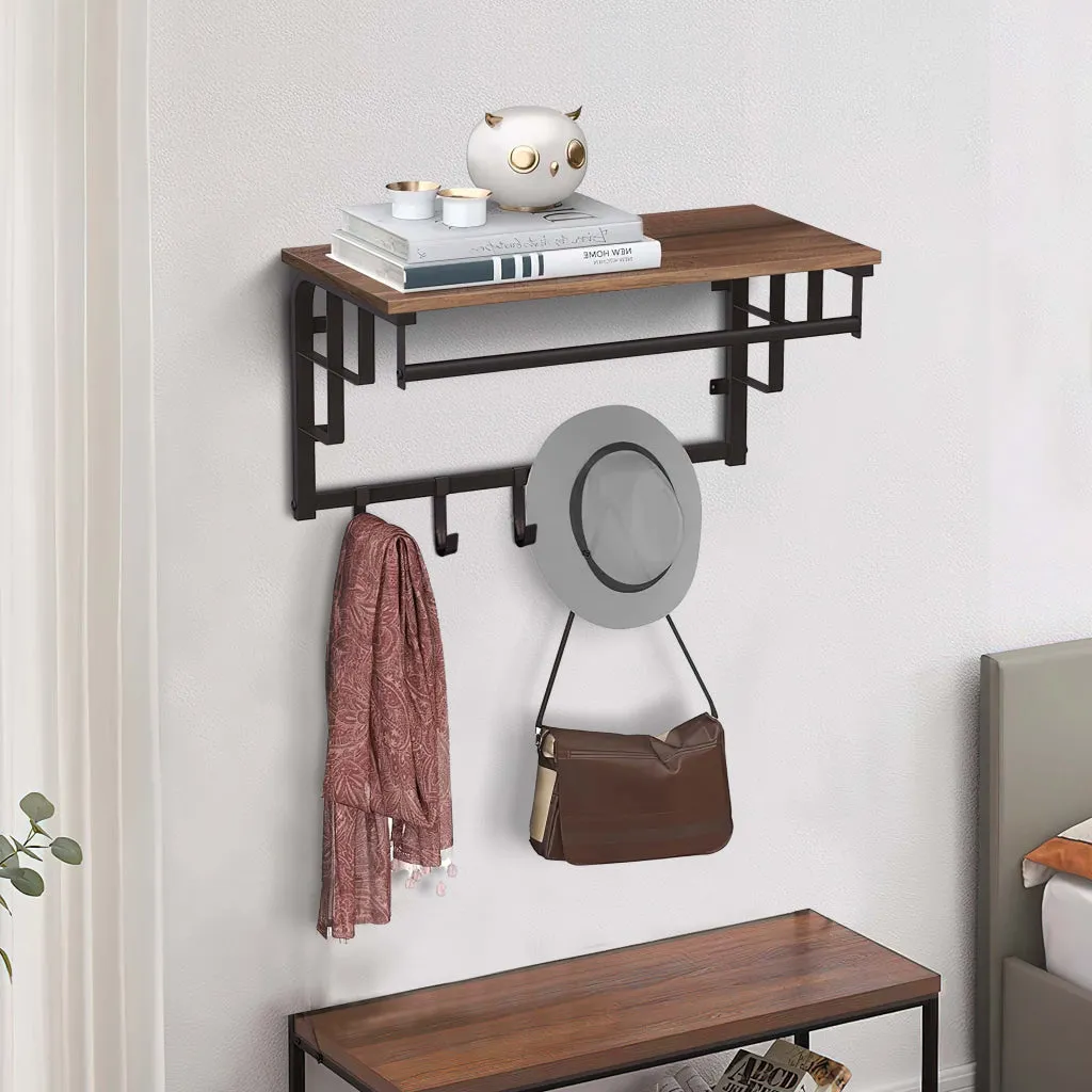 26 Inch Industrial Metal Frame Wall Mount Coat Rack, 5 Hooks, 1 Shelf, Rustic Brown, Black By Casagear Home