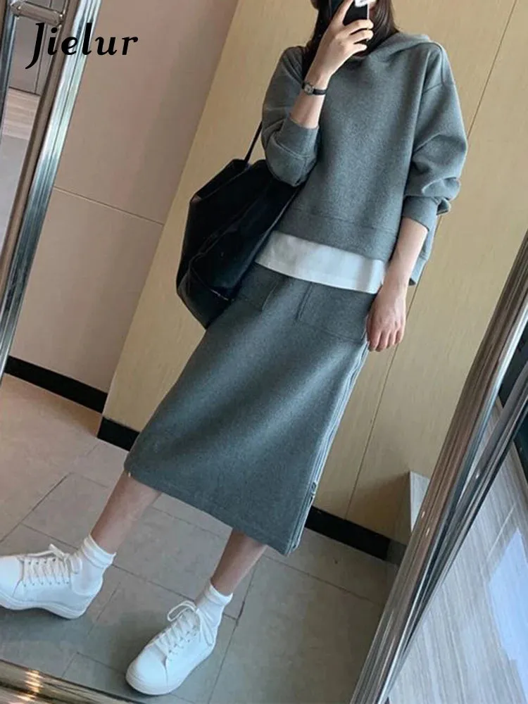 Autumn Hoodies Skirt New High Class Hong Kong Style Casual Sportswear Gray Top Skirt Two Piece Suits Chic Women Sets S-XL