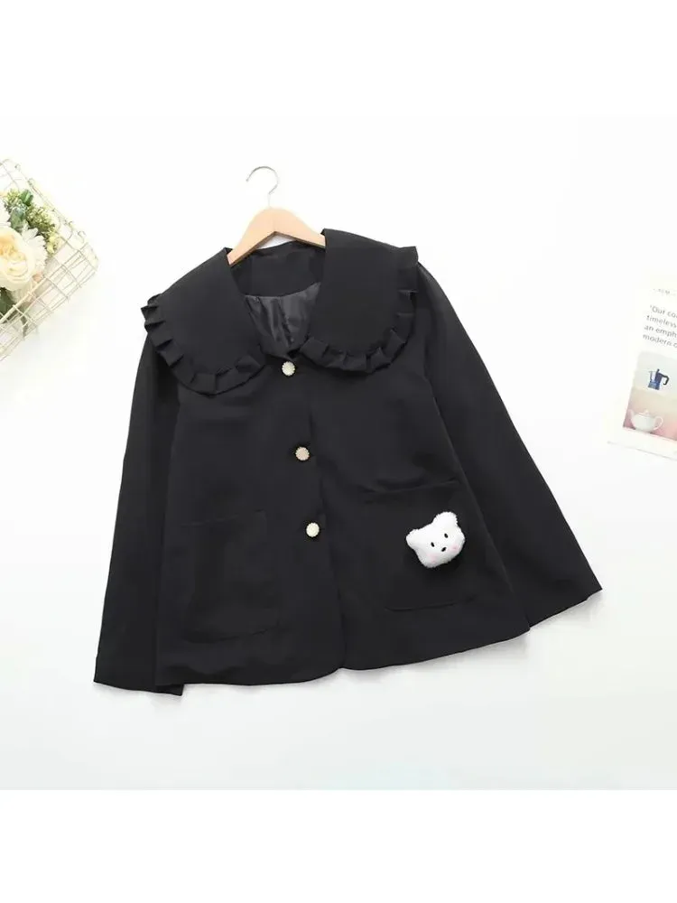 Black Solid Women Jacket For  Cartoon Appliques Winter Single Breasted Long Sleeve Ruffled Neck Casual Outwears Coat