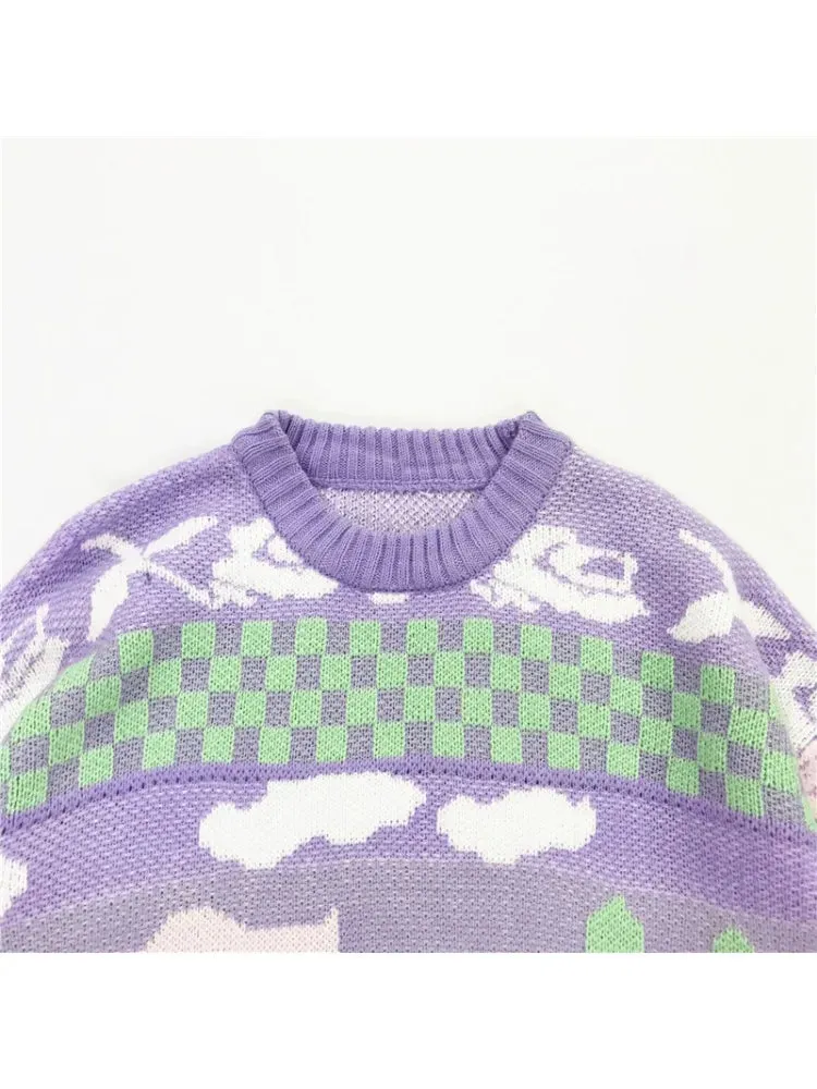 Cartoon Duck Embroidery Knitted Sweaters Winter Thick Warm Harajuku Jacquard Sweater Women Femmf Knit Pullover