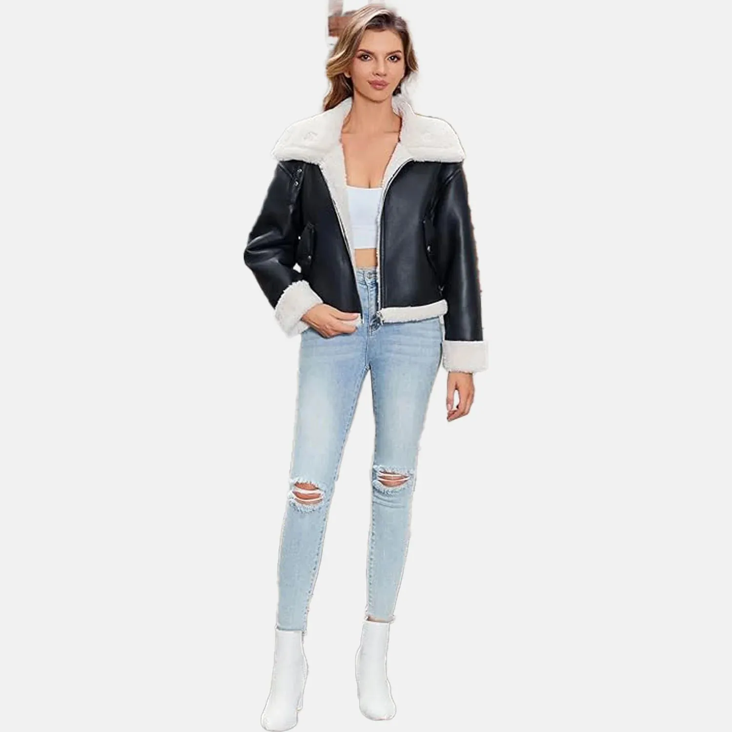 Faux Fur Leather Bomber Jacket for Women | Order Now