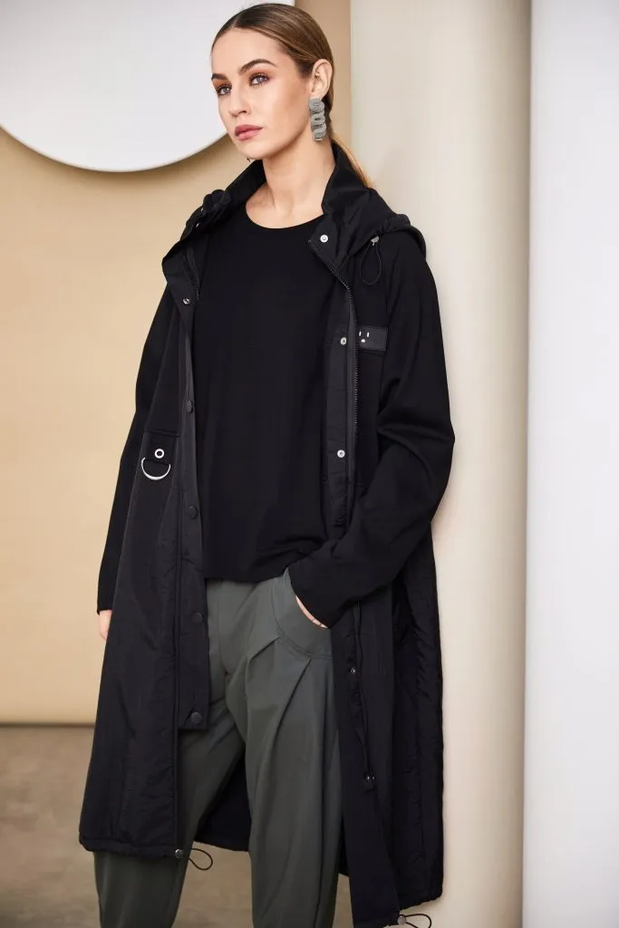 Hooded Coat with Contrast Hempanel/Placket in Black