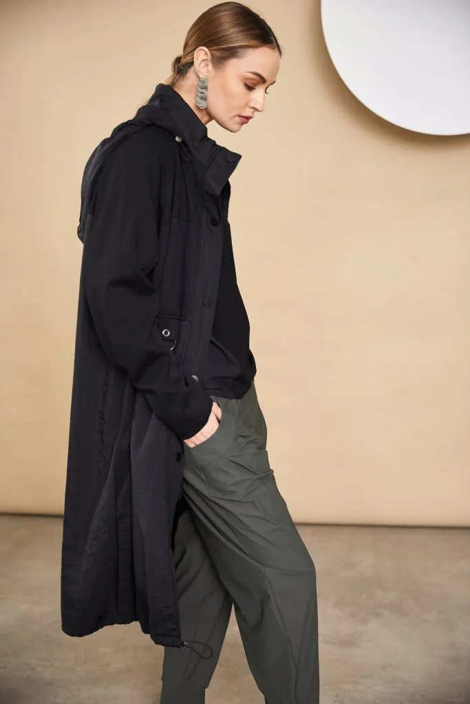 Hooded Coat with Contrast Hempanel/Placket in Black