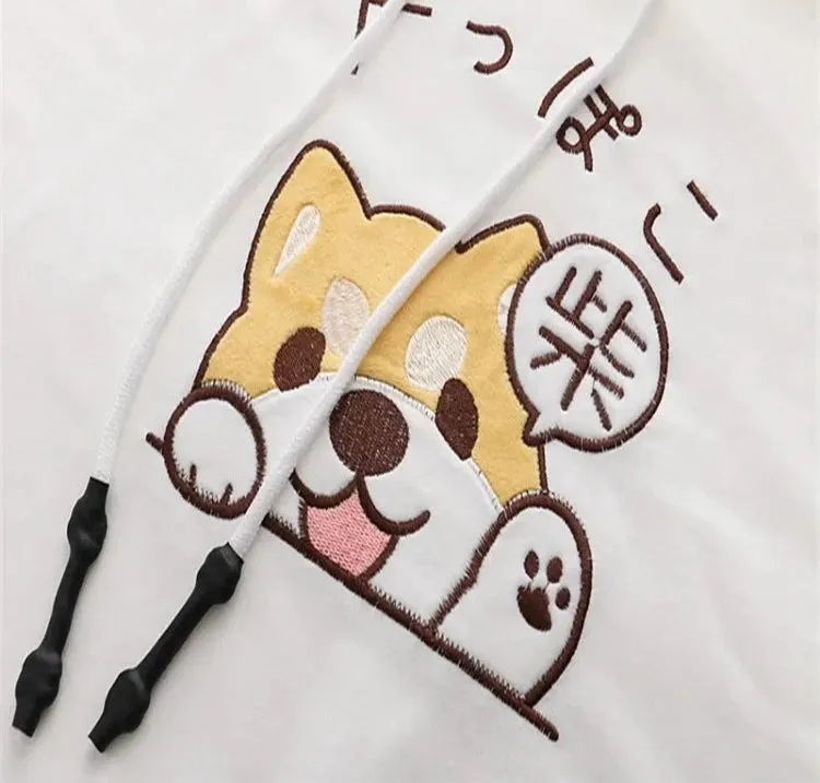 Hooded T Shirts Cartoon Dog Embroidery Funny  Shirt Summer Short Sleeve O Neck Cotton -shirt For Girl Female