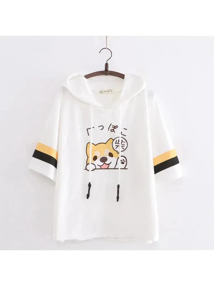 Hooded T Shirts Cartoon Dog Embroidery Funny  Shirt Summer Short Sleeve O Neck Cotton -shirt For Girl Female