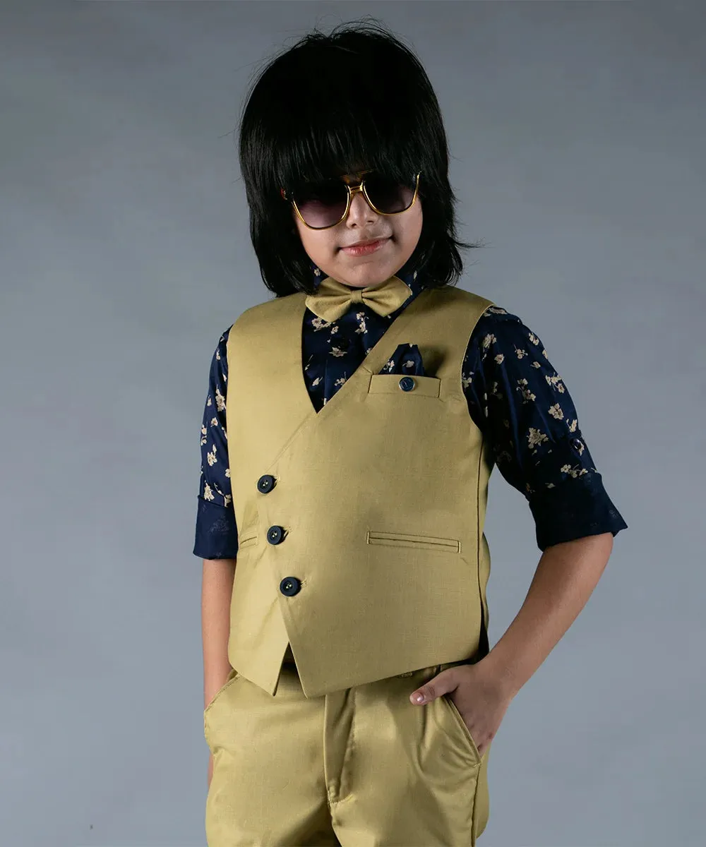 Light Green Color Waist Coat Set With Navy Printed Shirt for Boys