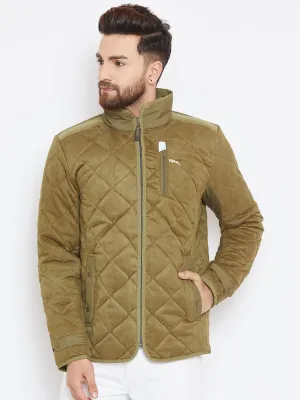 Men Olive Solid Quilted Jacket