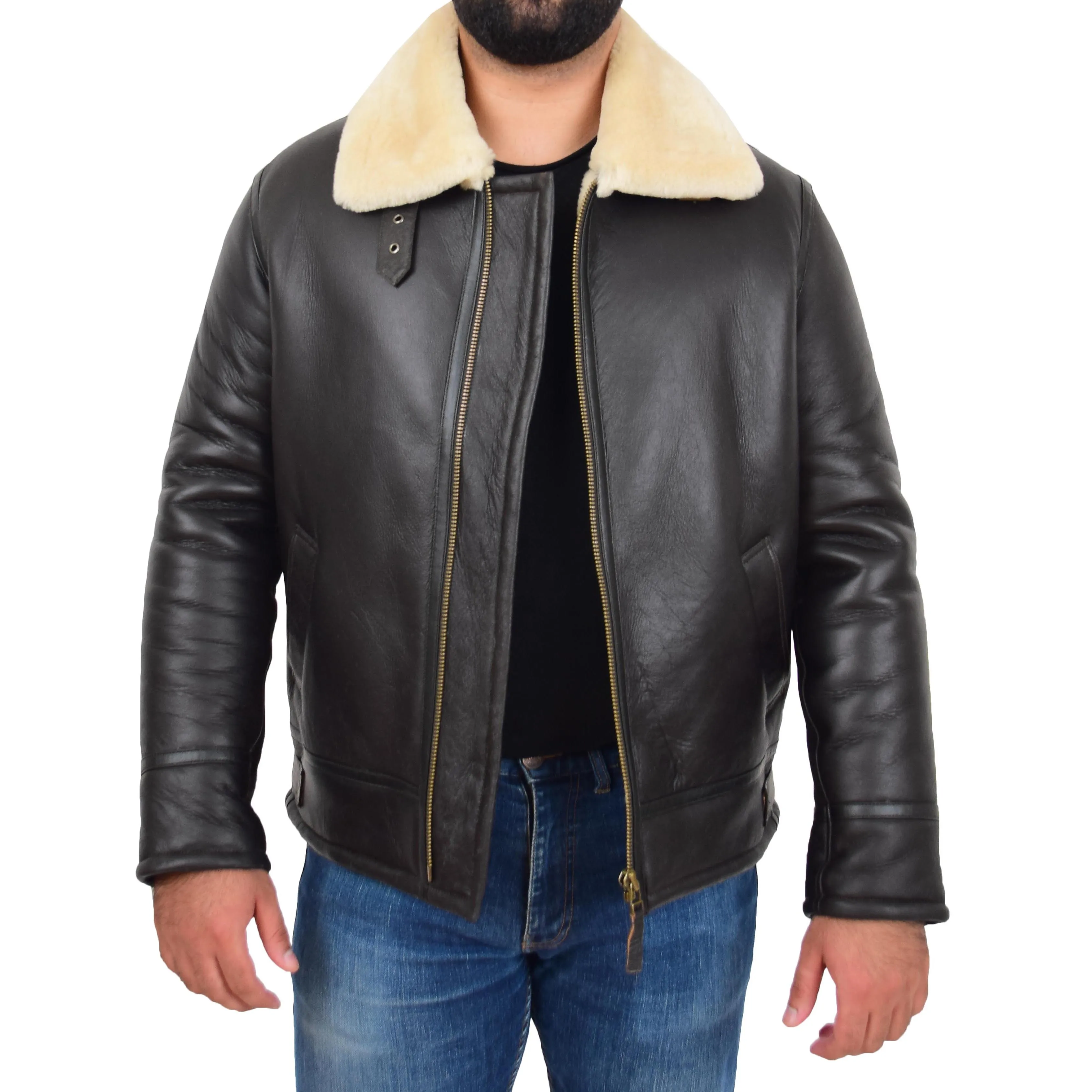 Mens Original Sheepskin Flying Jacket B3 Bomber Aviator Pilots Shearling Coat Raptor Brown/White