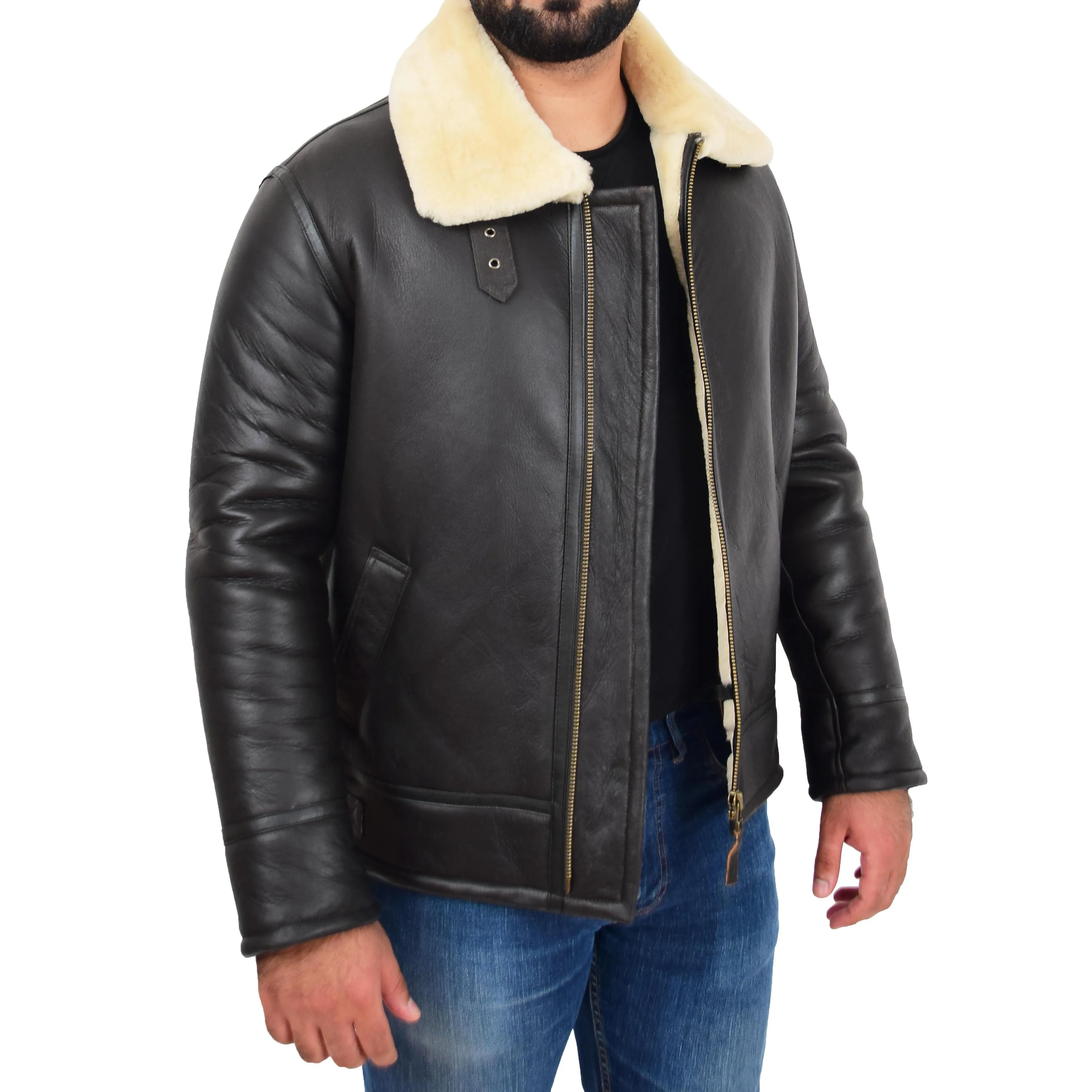 Mens Original Sheepskin Flying Jacket B3 Bomber Aviator Pilots Shearling Coat Raptor Brown/White