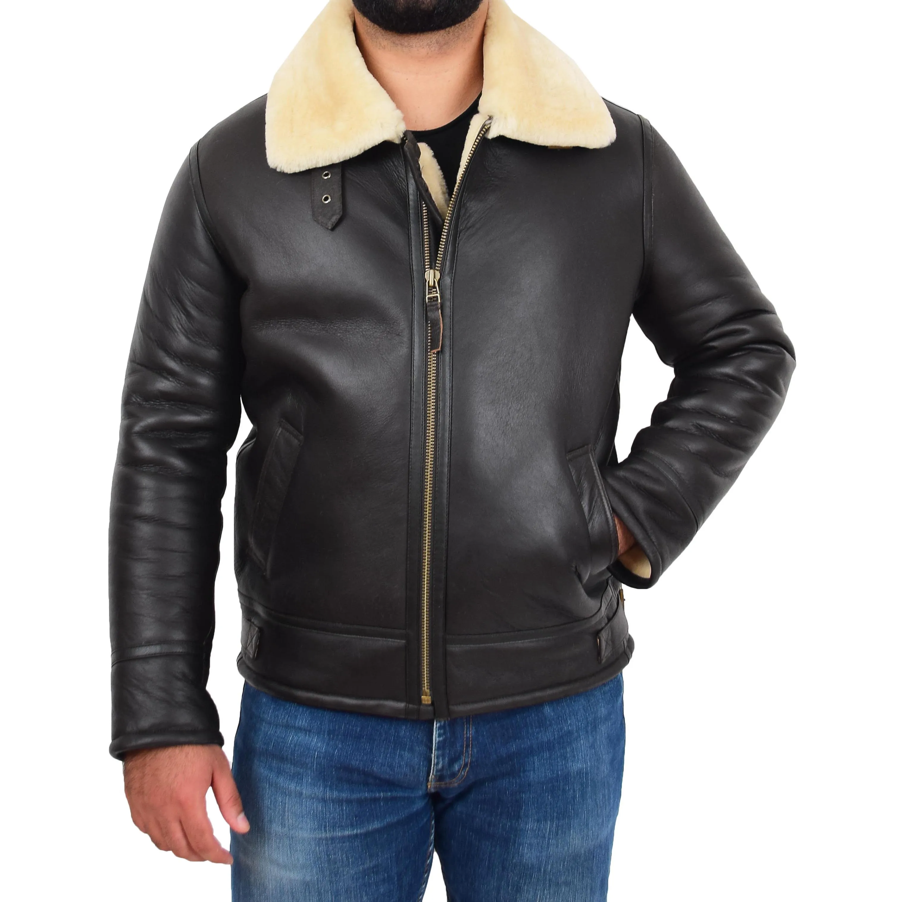 Mens Original Sheepskin Flying Jacket B3 Bomber Aviator Pilots Shearling Coat Raptor Brown/White