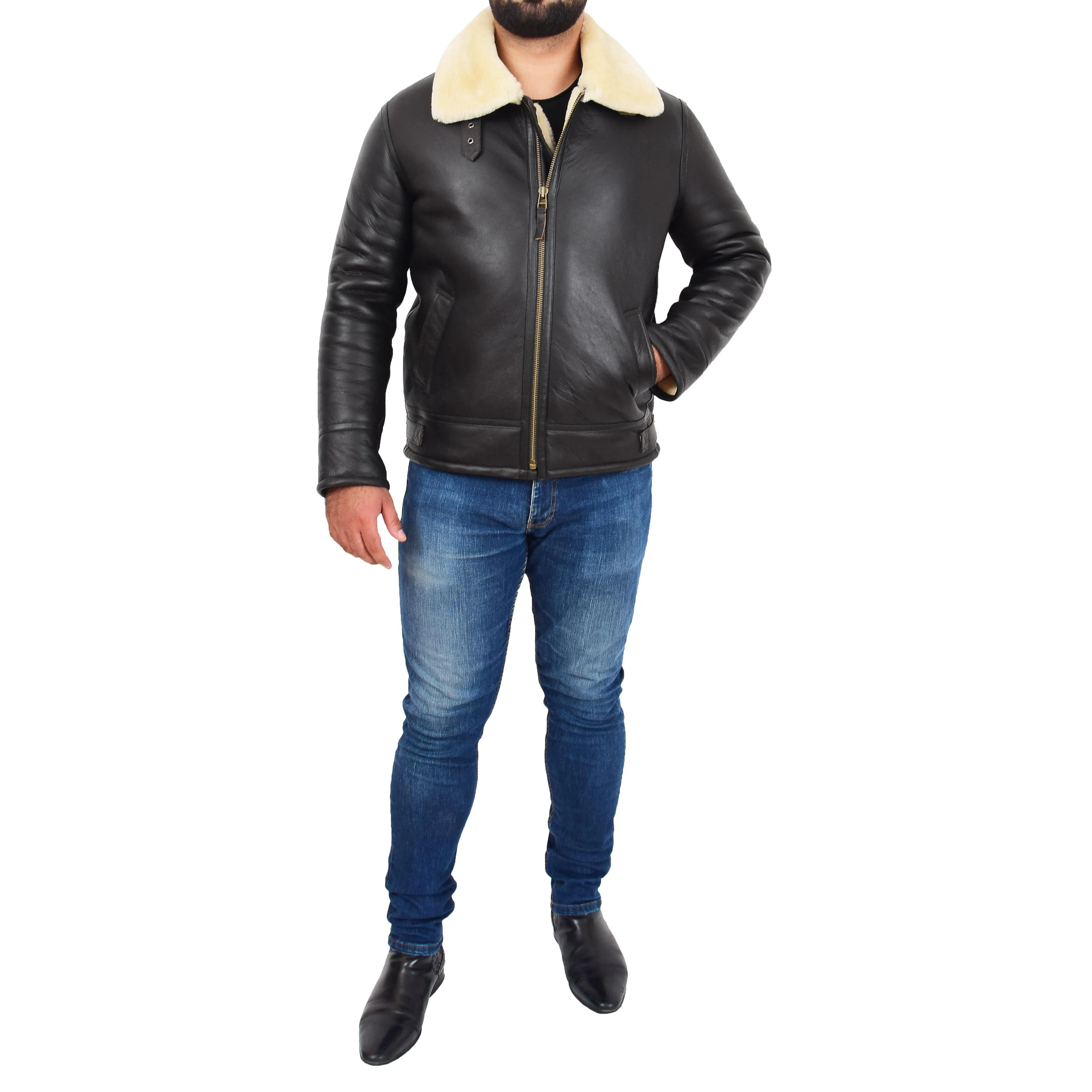 Mens Original Sheepskin Flying Jacket B3 Bomber Aviator Pilots Shearling Coat Raptor Brown/White