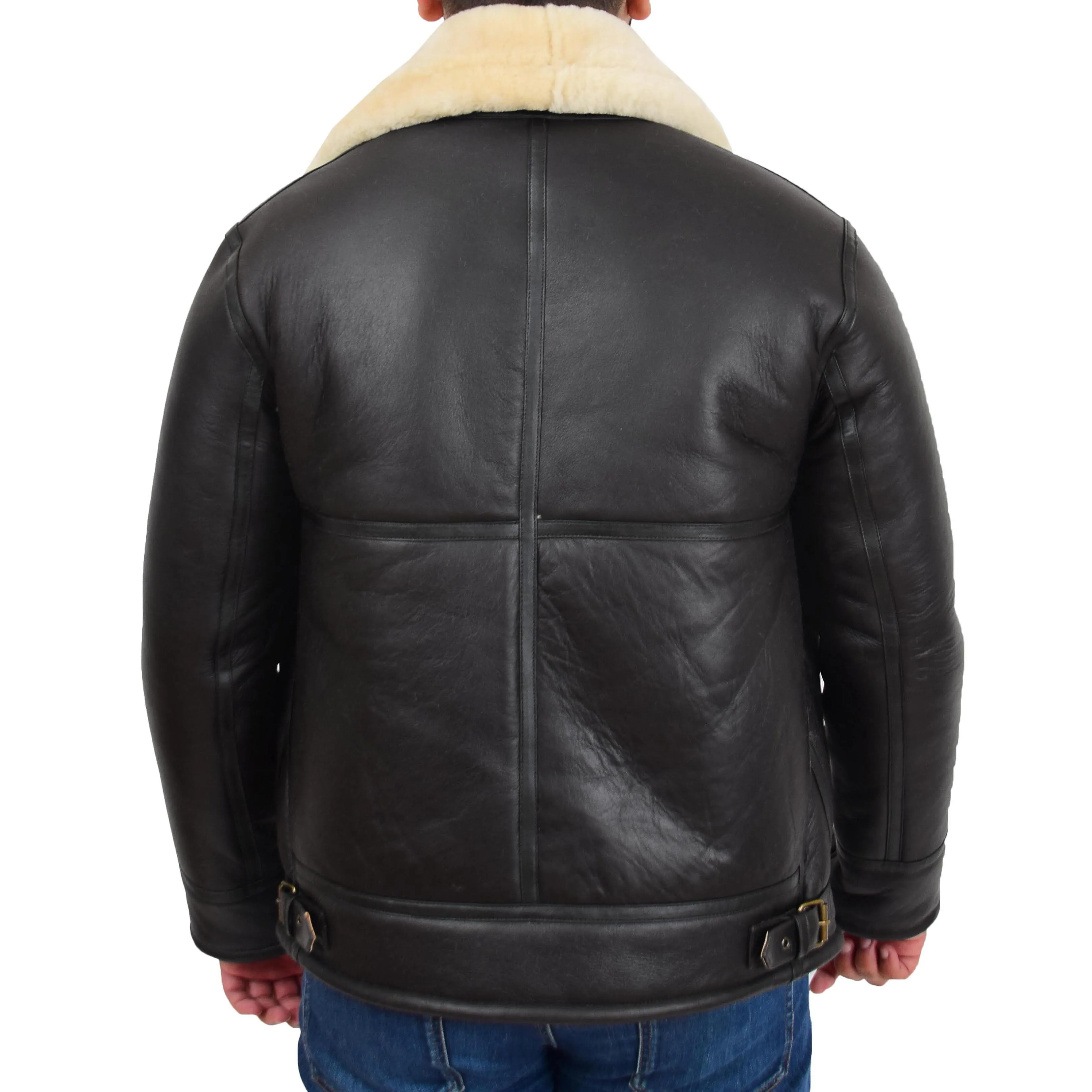 Mens Original Sheepskin Flying Jacket B3 Bomber Aviator Pilots Shearling Coat Raptor Brown/White