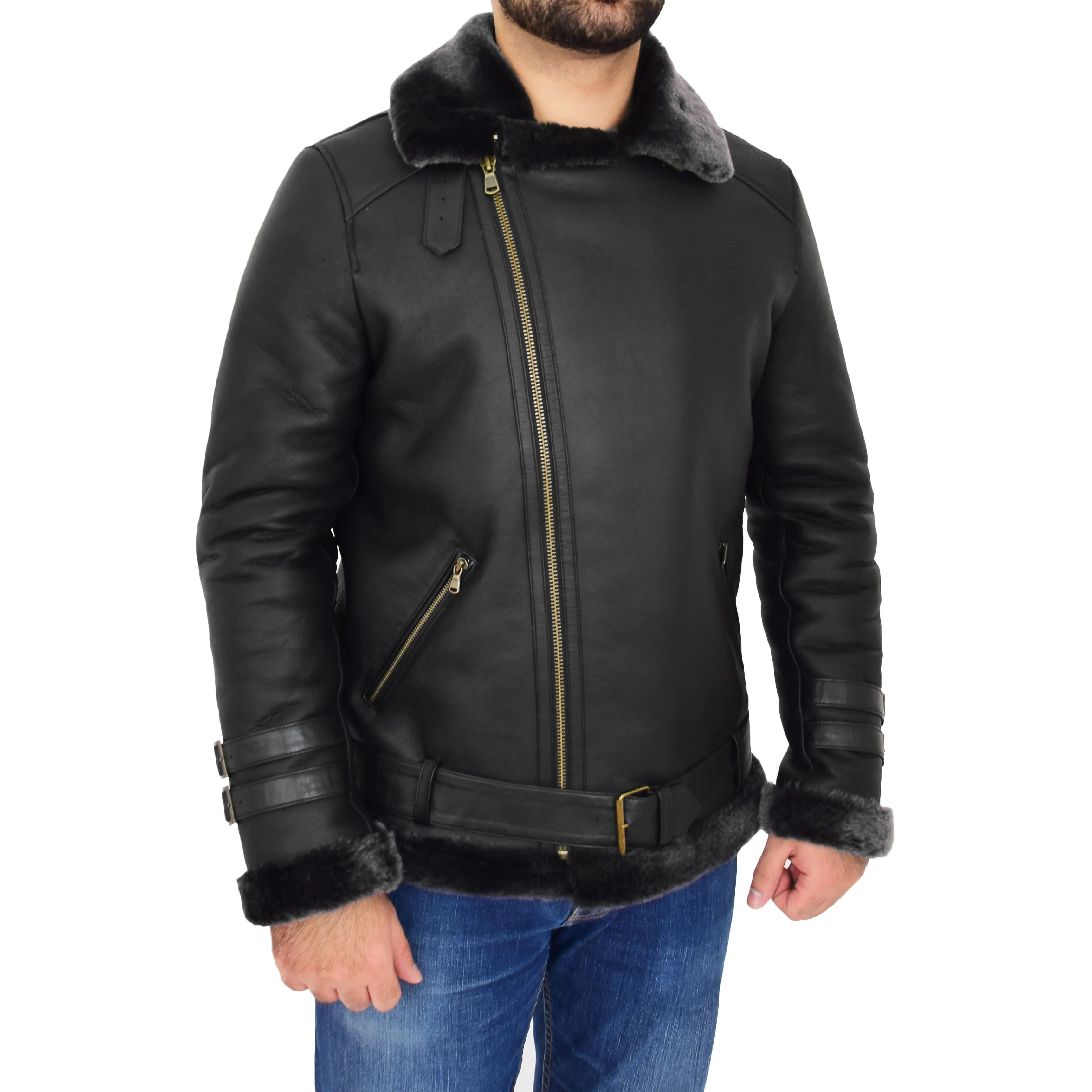 Mens Real Sheepskin Jacket Black X-Zip Aviator Shearling Hugh Black