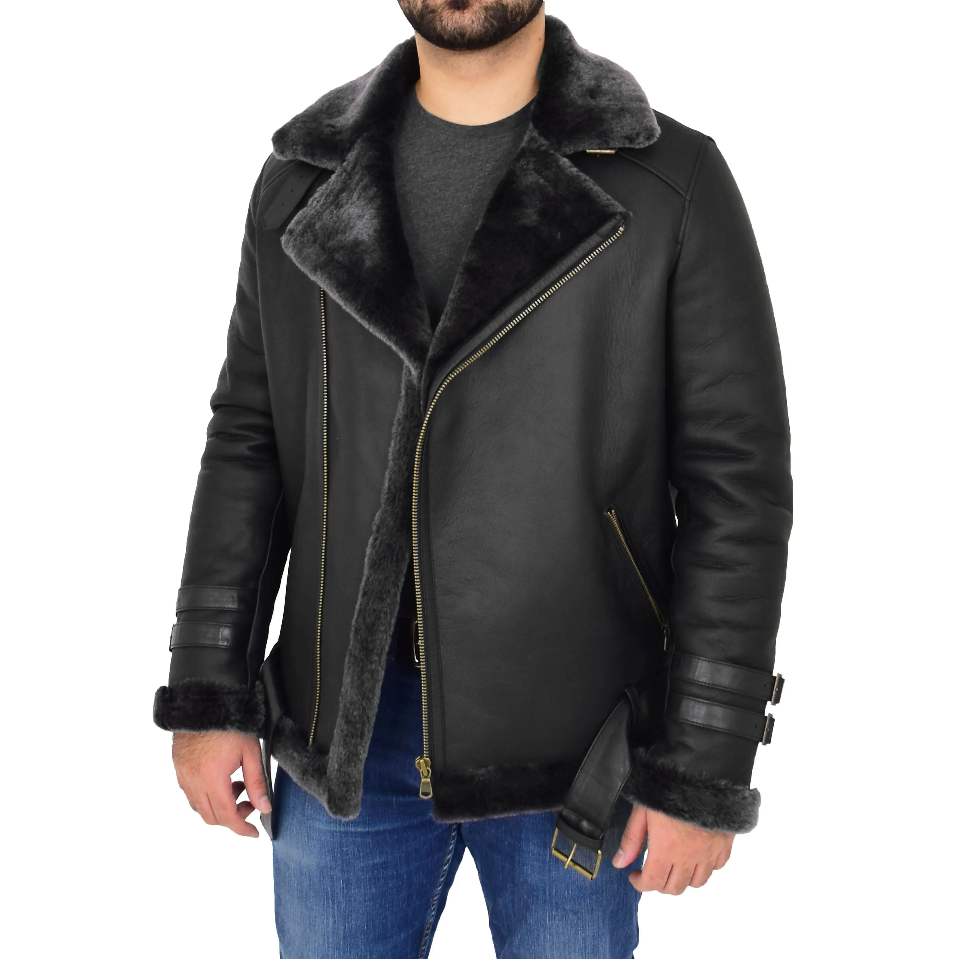 Mens Real Sheepskin Jacket Black X-Zip Aviator Shearling Hugh Black