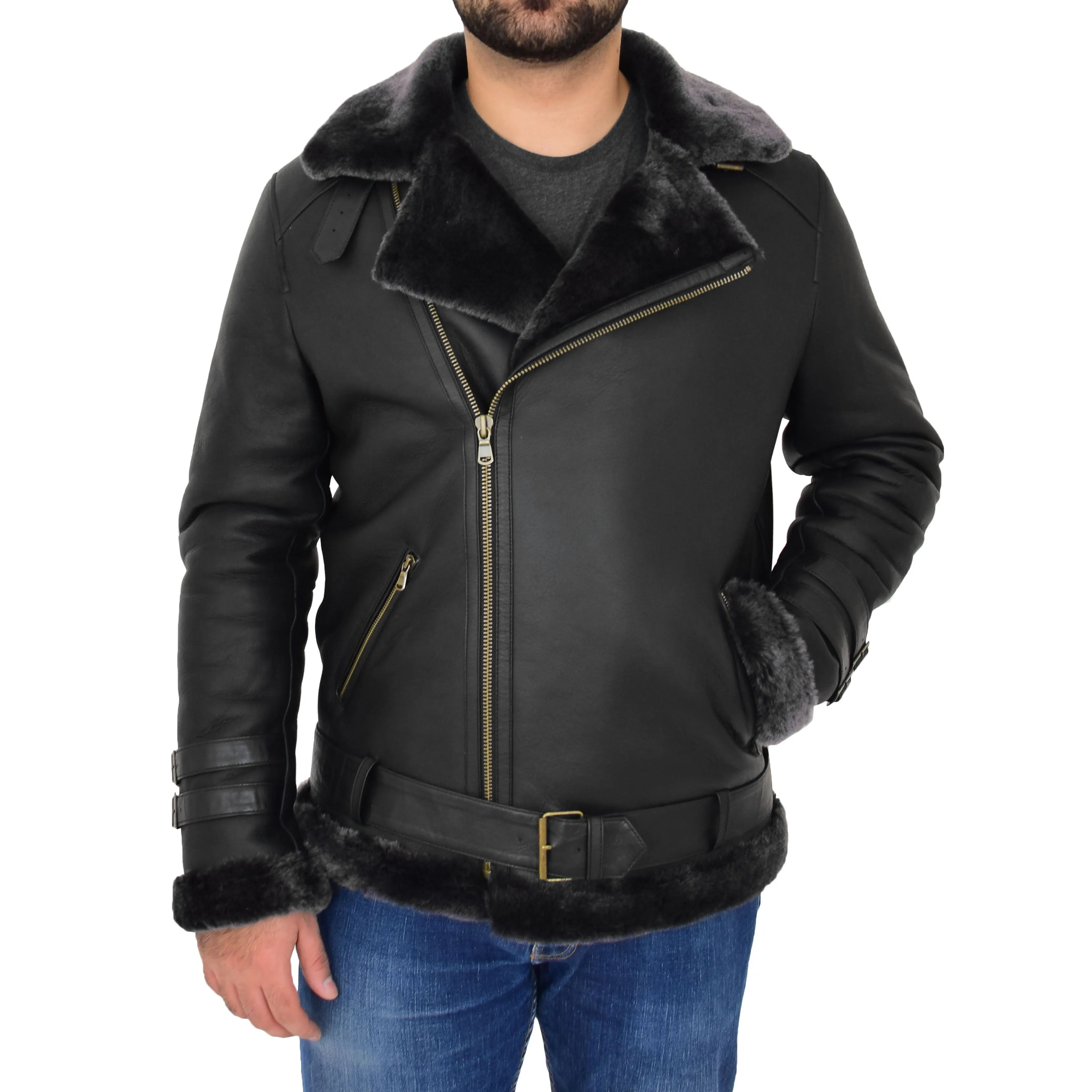 Mens Real Sheepskin Jacket Black X-Zip Aviator Shearling Hugh Black