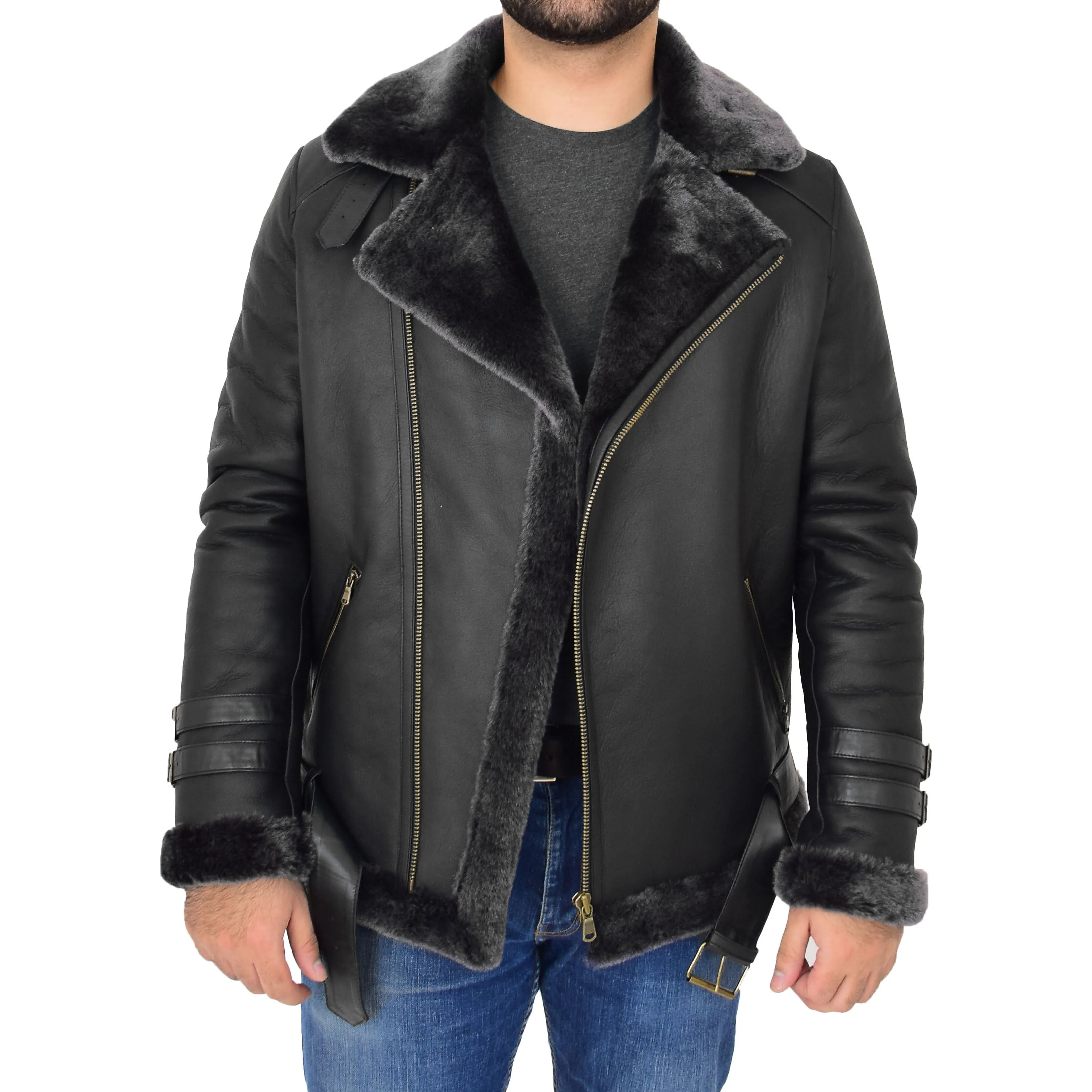 Mens Real Sheepskin Jacket Black X-Zip Aviator Shearling Hugh Black