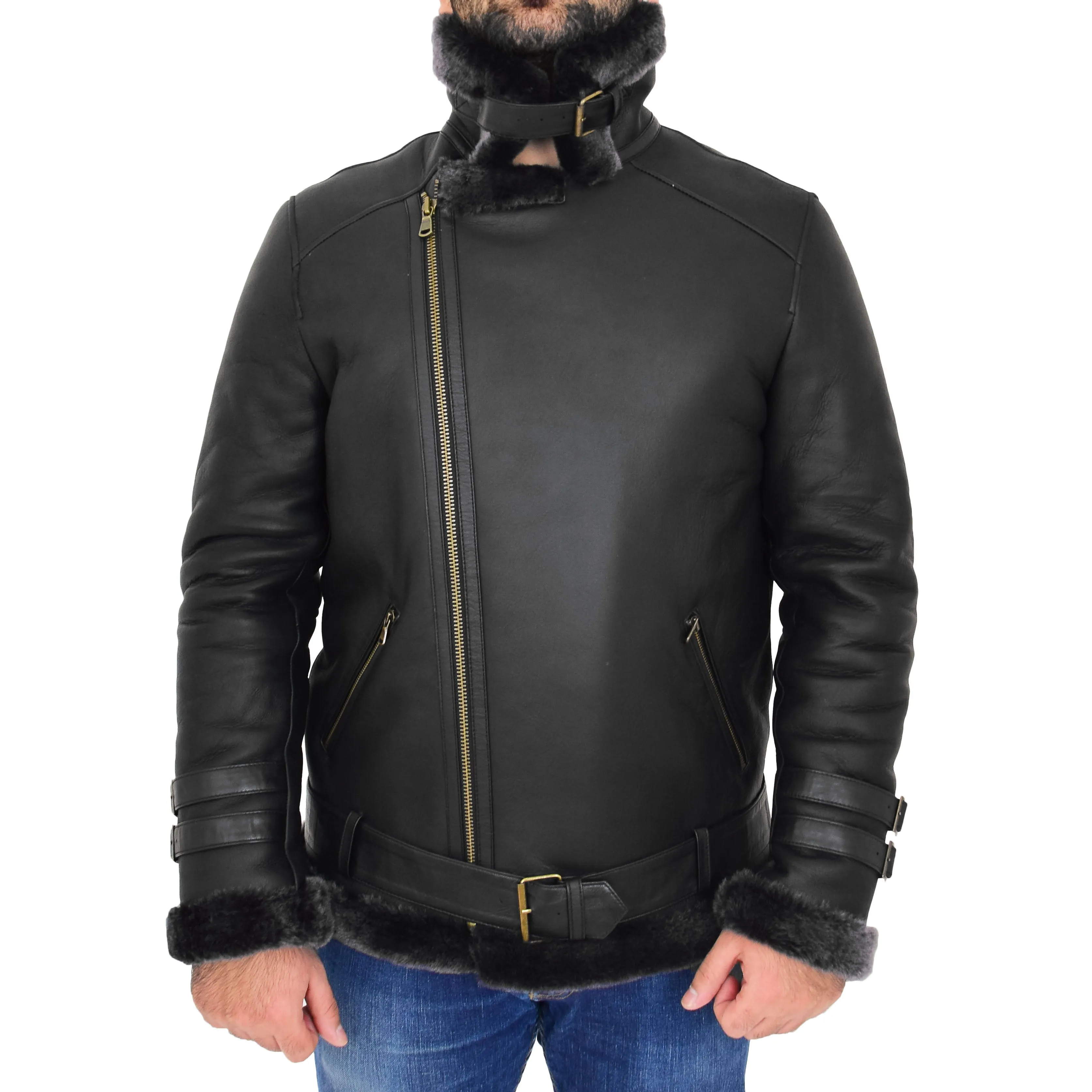 Mens Real Sheepskin Jacket Black X-Zip Aviator Shearling Hugh Black