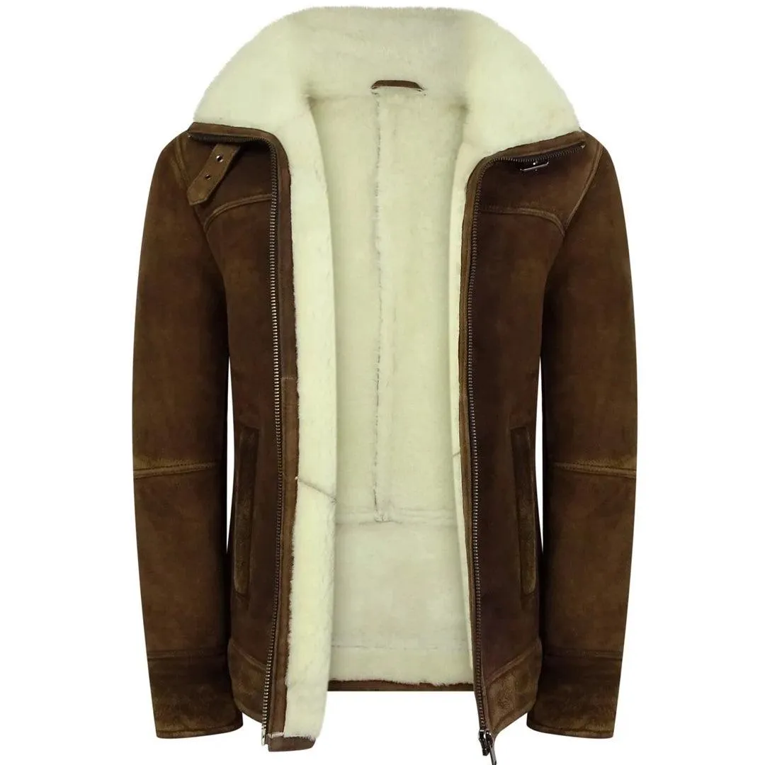 Mens Real Sherling Sheepskin Suede Jacket Brown Tan Vintage Zip Flying Pilot WW2