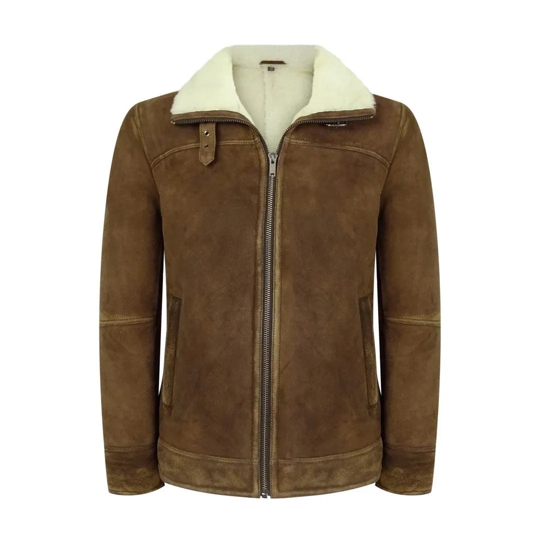 Mens Real Sherling Sheepskin Suede Jacket Brown Tan Vintage Zip Flying Pilot WW2