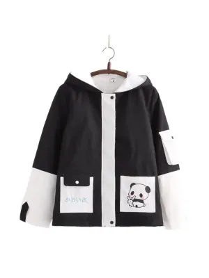 Metaversmall Panda Print Kawaii Women Hooded Quilted Coats Winter Long Sleeve Pocket Sweet Ladies Harajuku Cotton Liner Jackets Outwears