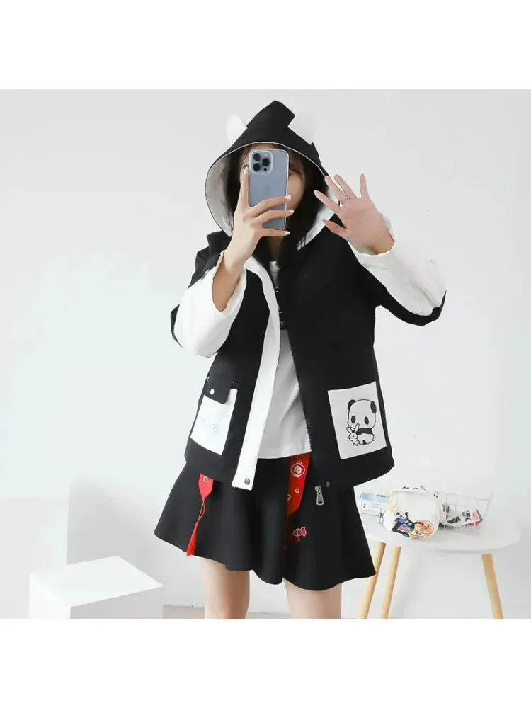 Metaversmall Panda Print Kawaii Women Hooded Quilted Coats Winter Long Sleeve Pocket Sweet Ladies Harajuku Cotton Liner Jackets Outwears