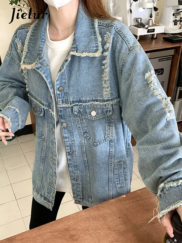 Metaversmall Vintage Denim Jackets Women Ripped Tassel Coat All Match Casual Loose Woman Jacket Korean Fashion Y2K Harajuku Coats S-XL