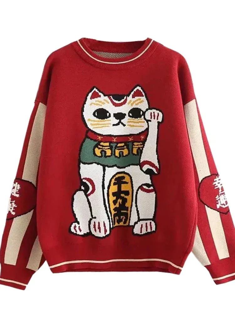 Metaversmall Women Cartoon Lucky Cat Embroidery Red Sweaters Harajuku Kawaii Knitted Pullover Winter Long Sleeve O-Neck Sweater