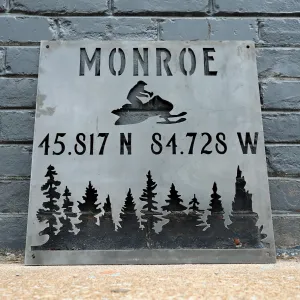 Personalized Metal Winter Coordinates Sign - Rustic Ski Lodge Address Decor - Snowmobile Cabin Wall Art