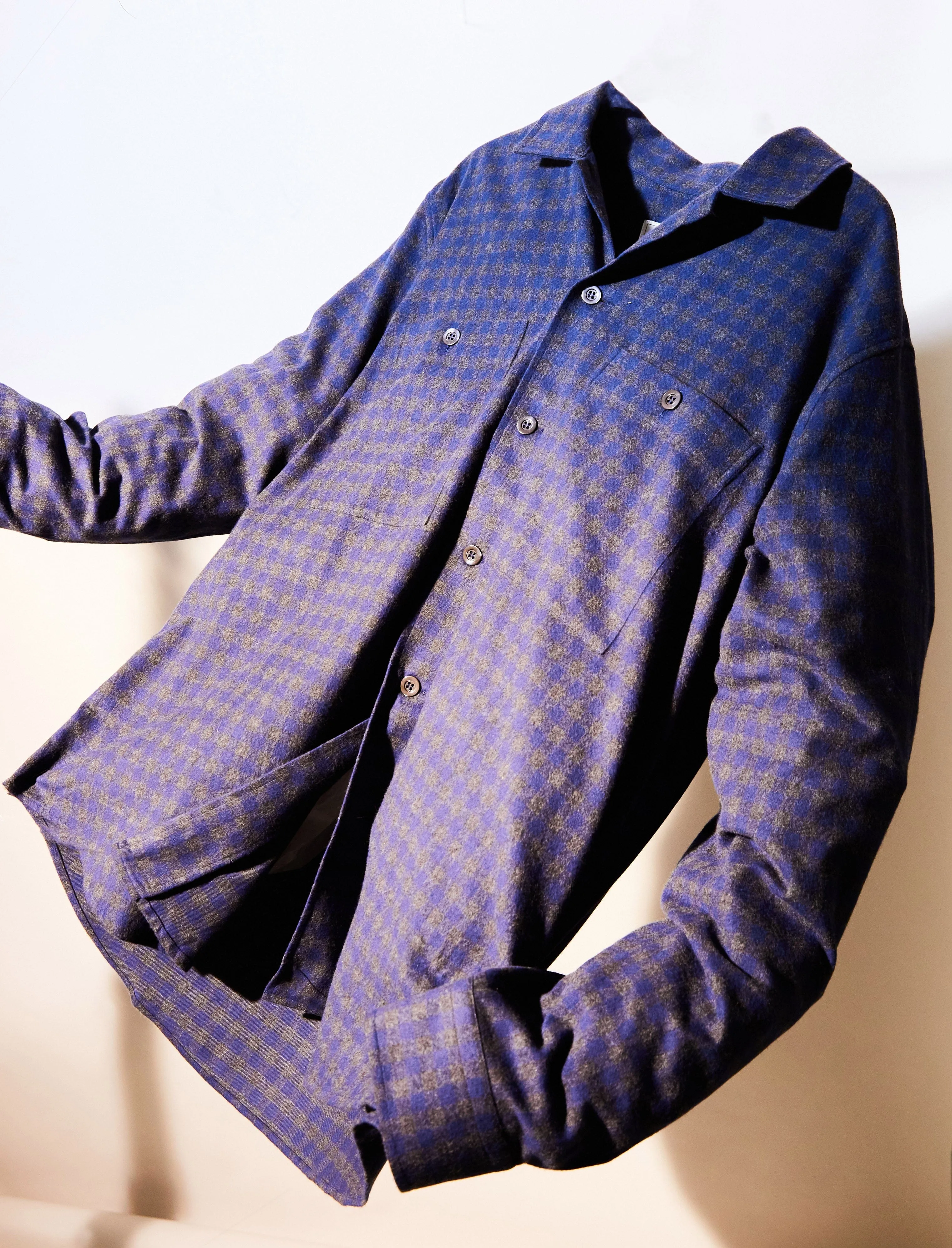 Recycled Italian Flannel Navy & Grey Check Double Pocket shirt