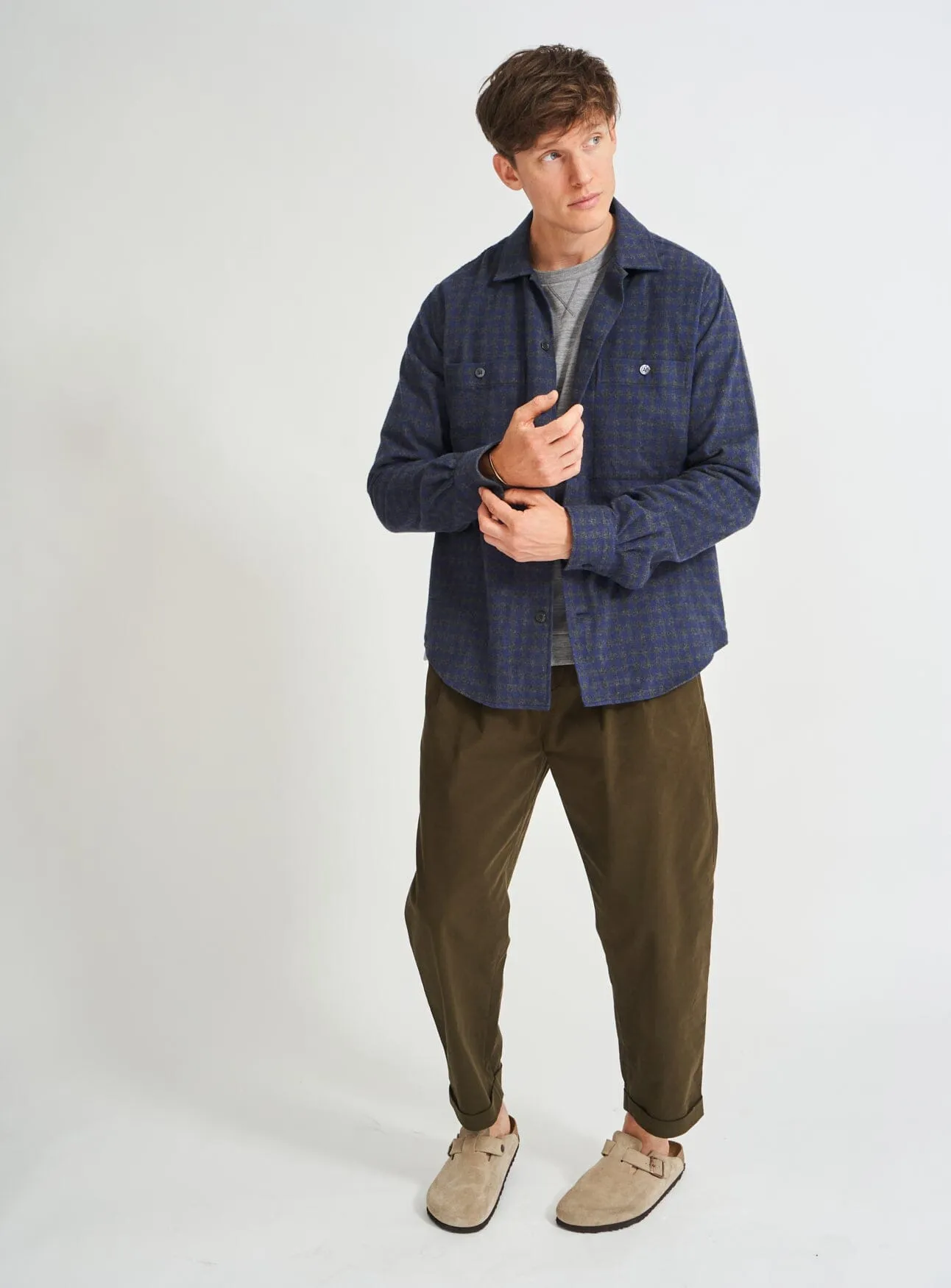 Recycled Italian Flannel Navy & Grey Check Double Pocket shirt