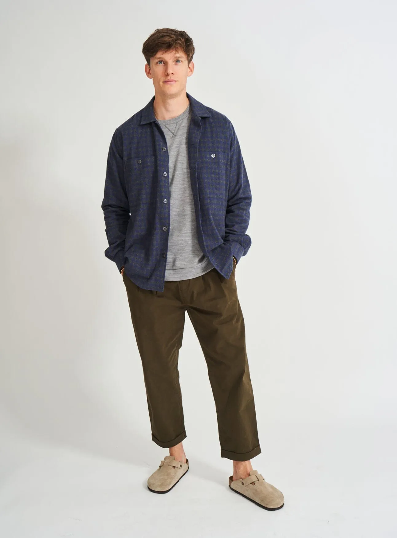 Recycled Italian Flannel Navy & Grey Check Double Pocket shirt