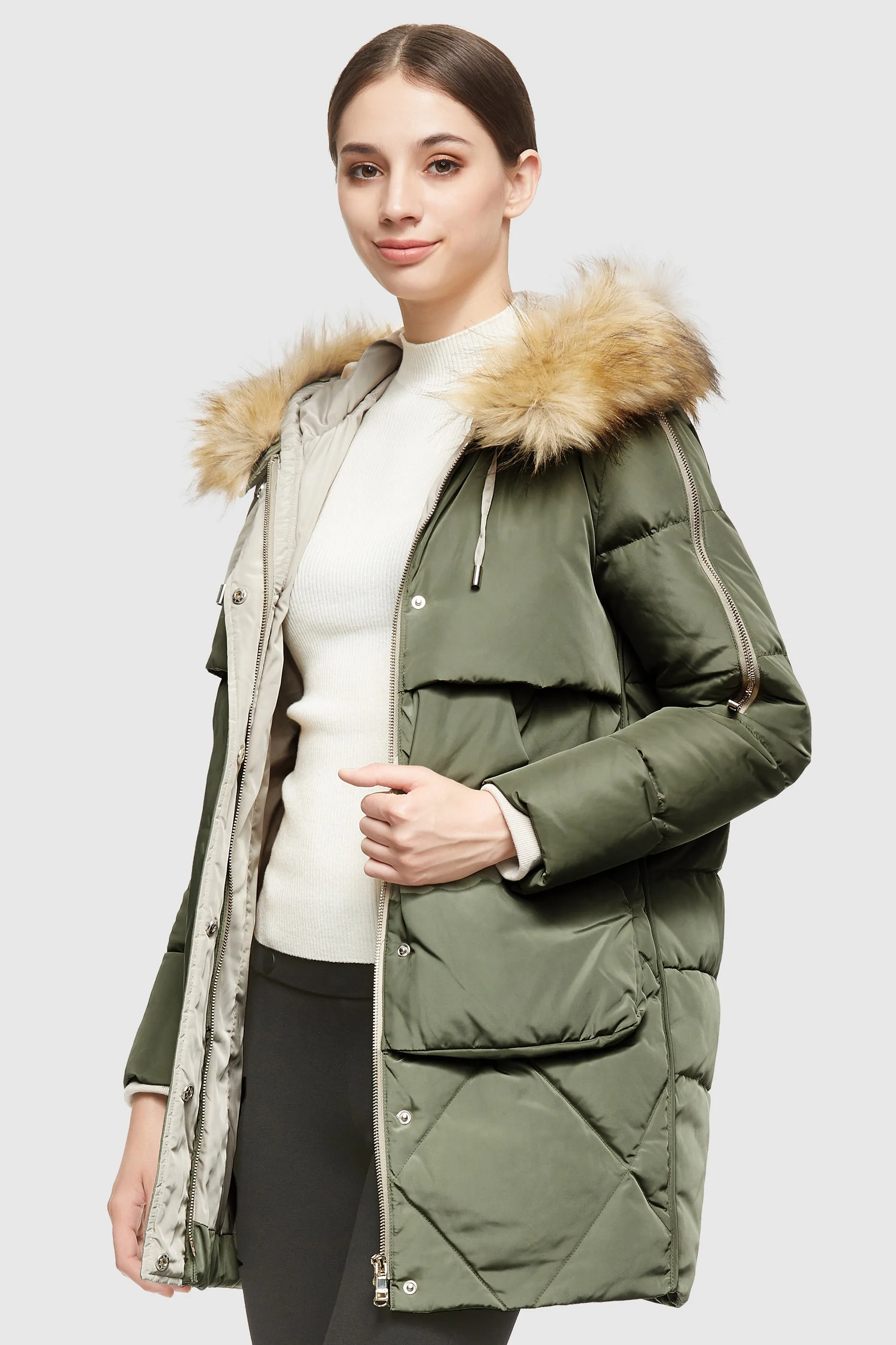 Removable Fur Large Pockets Down Jacket