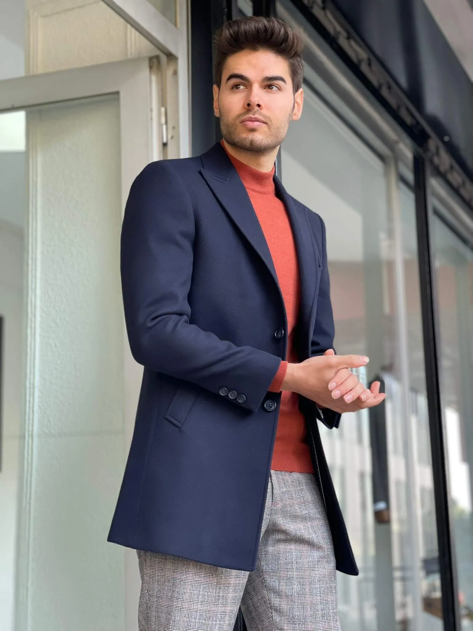 Slim Fit Navy Blue Wool Coat