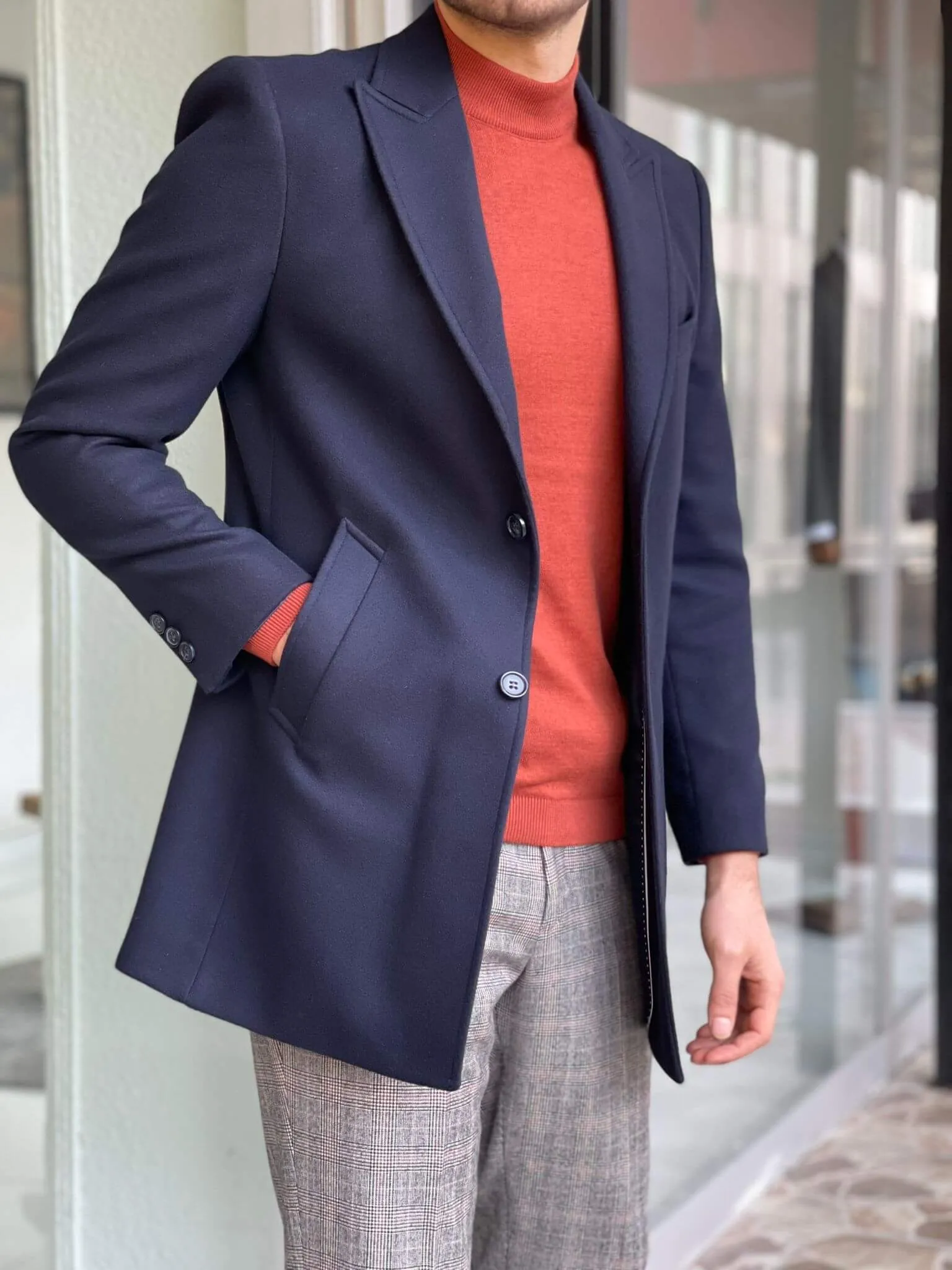 Slim Fit Navy Blue Wool Coat