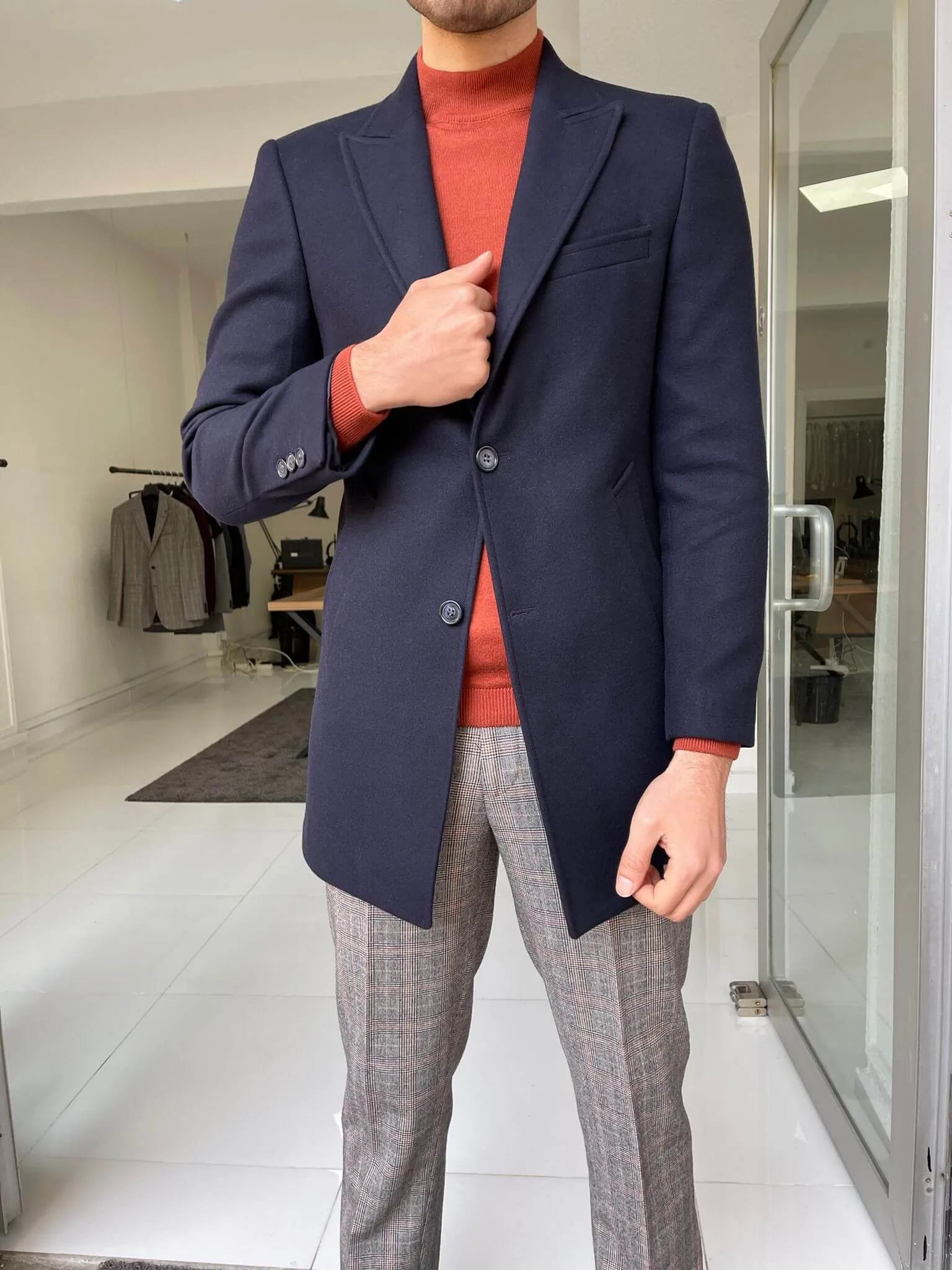 Slim Fit Navy Blue Wool Coat