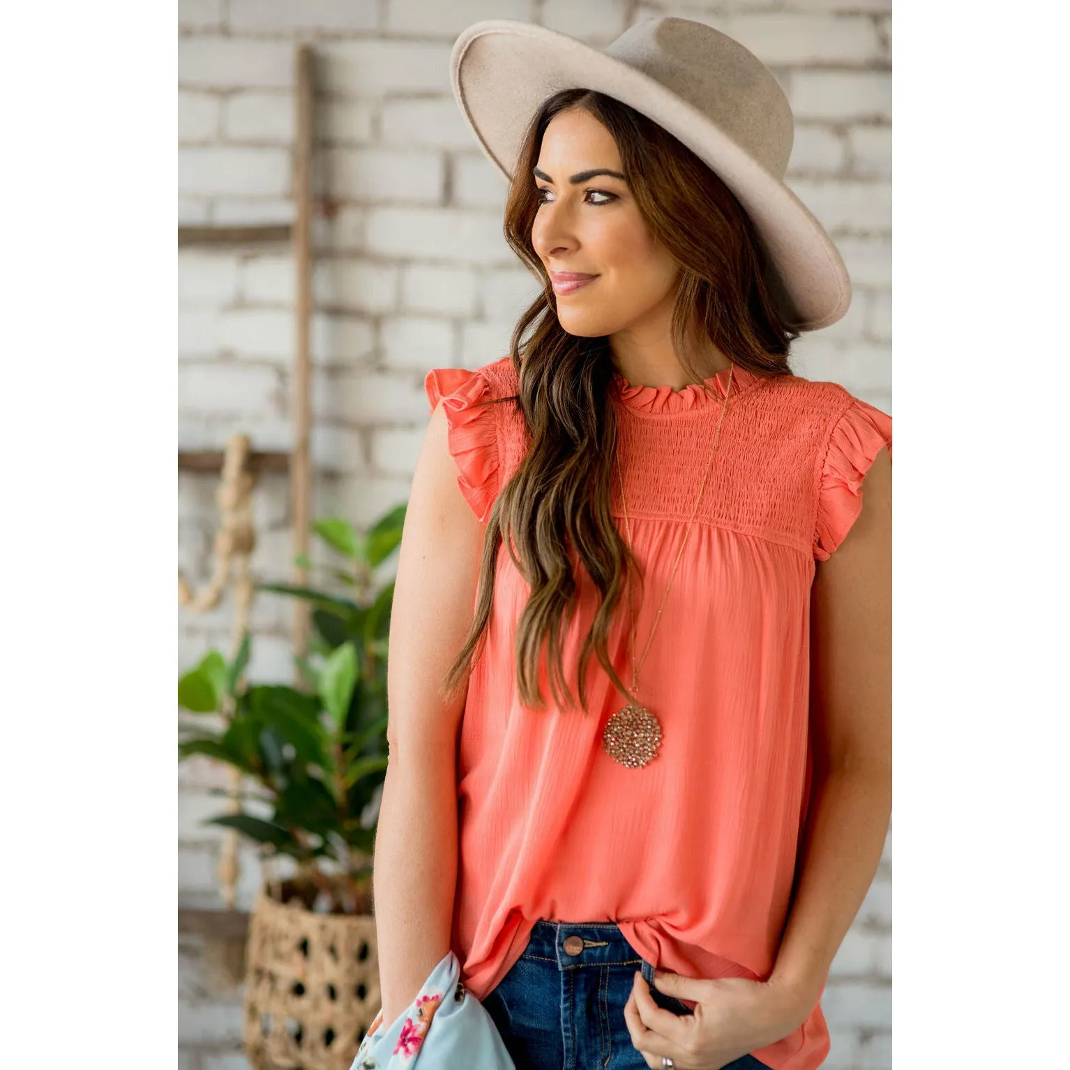 Smocked Cinch Neck Ruffle Shoulder Tank