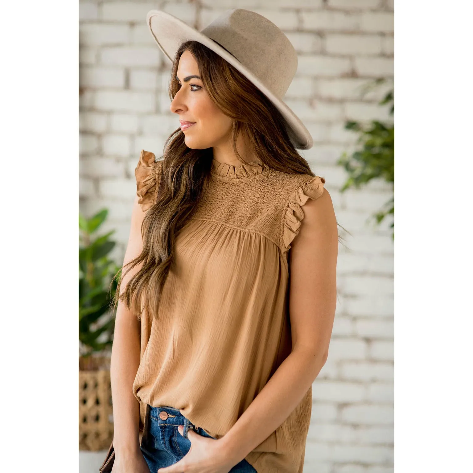 Smocked Cinch Neck Ruffle Shoulder Tank