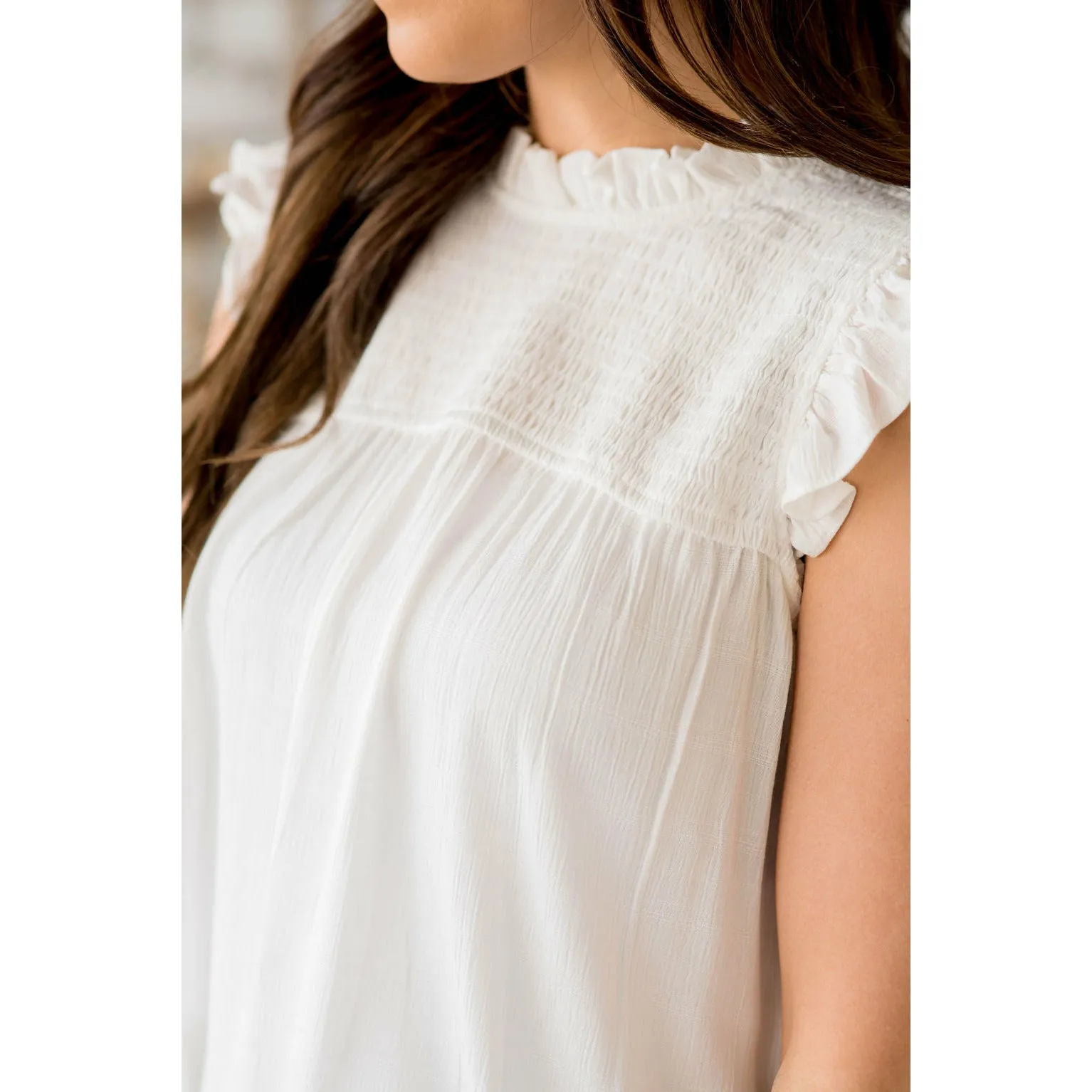 Smocked Cinch Neck Ruffle Shoulder Tank