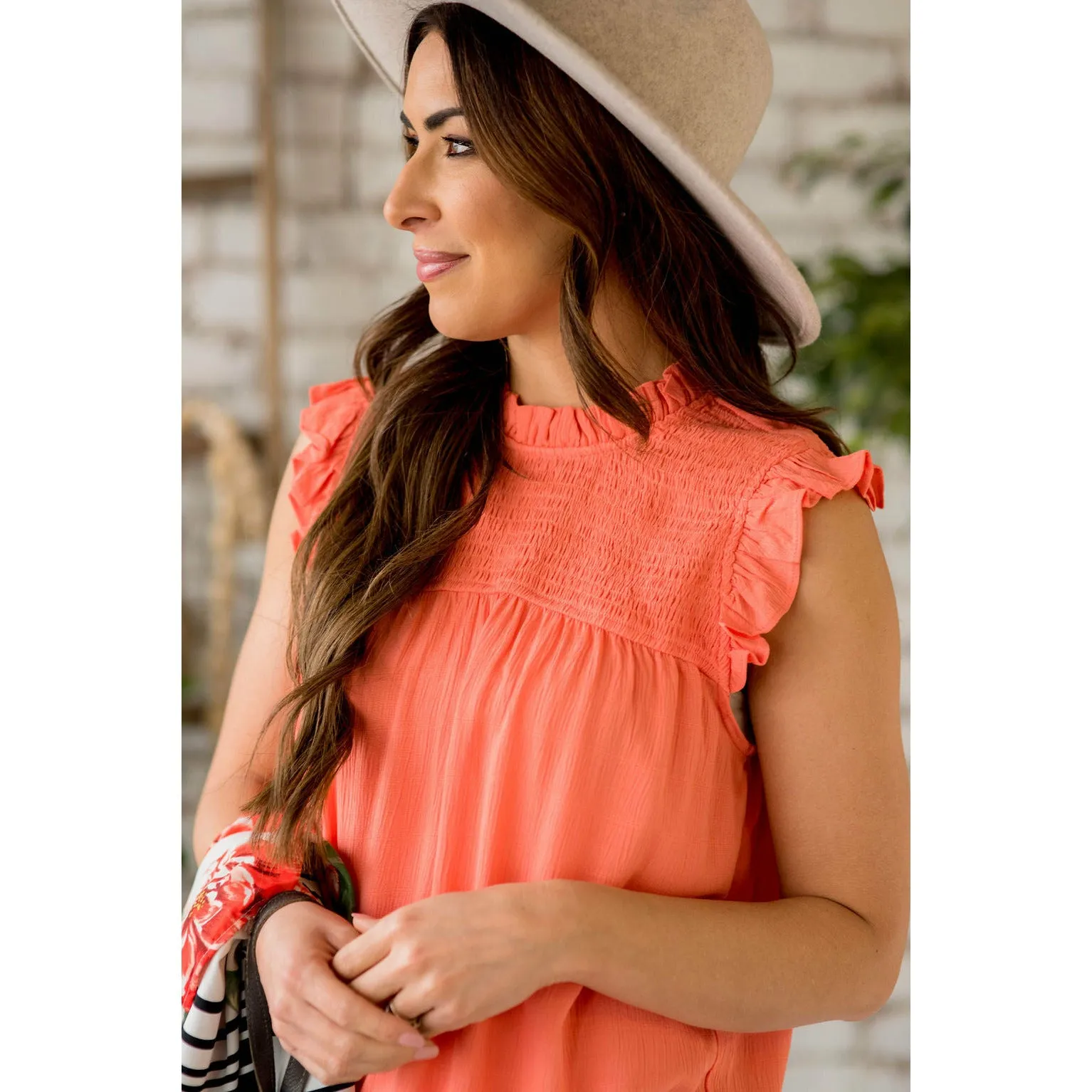 Smocked Cinch Neck Ruffle Shoulder Tank