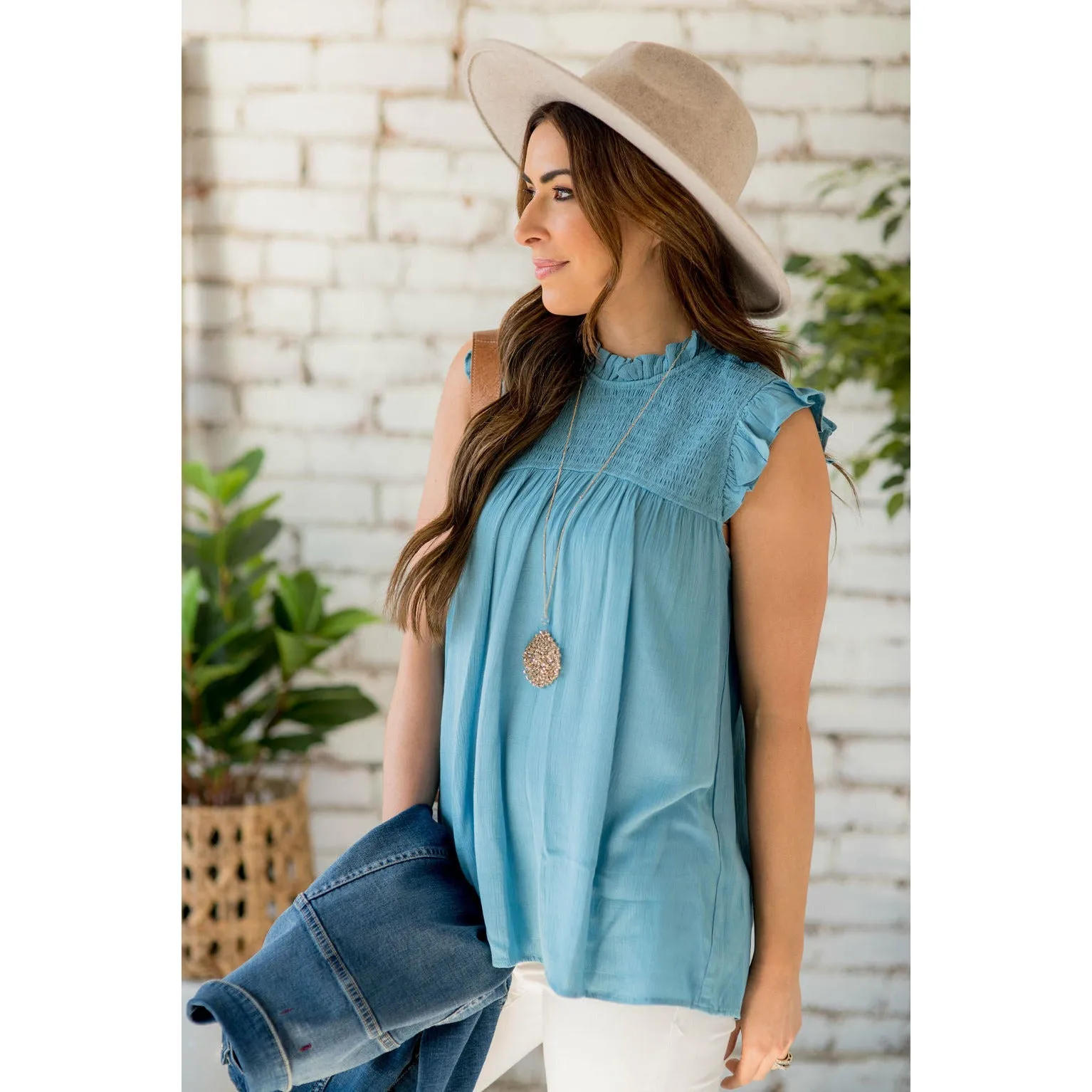 Smocked Cinch Neck Ruffle Shoulder Tank