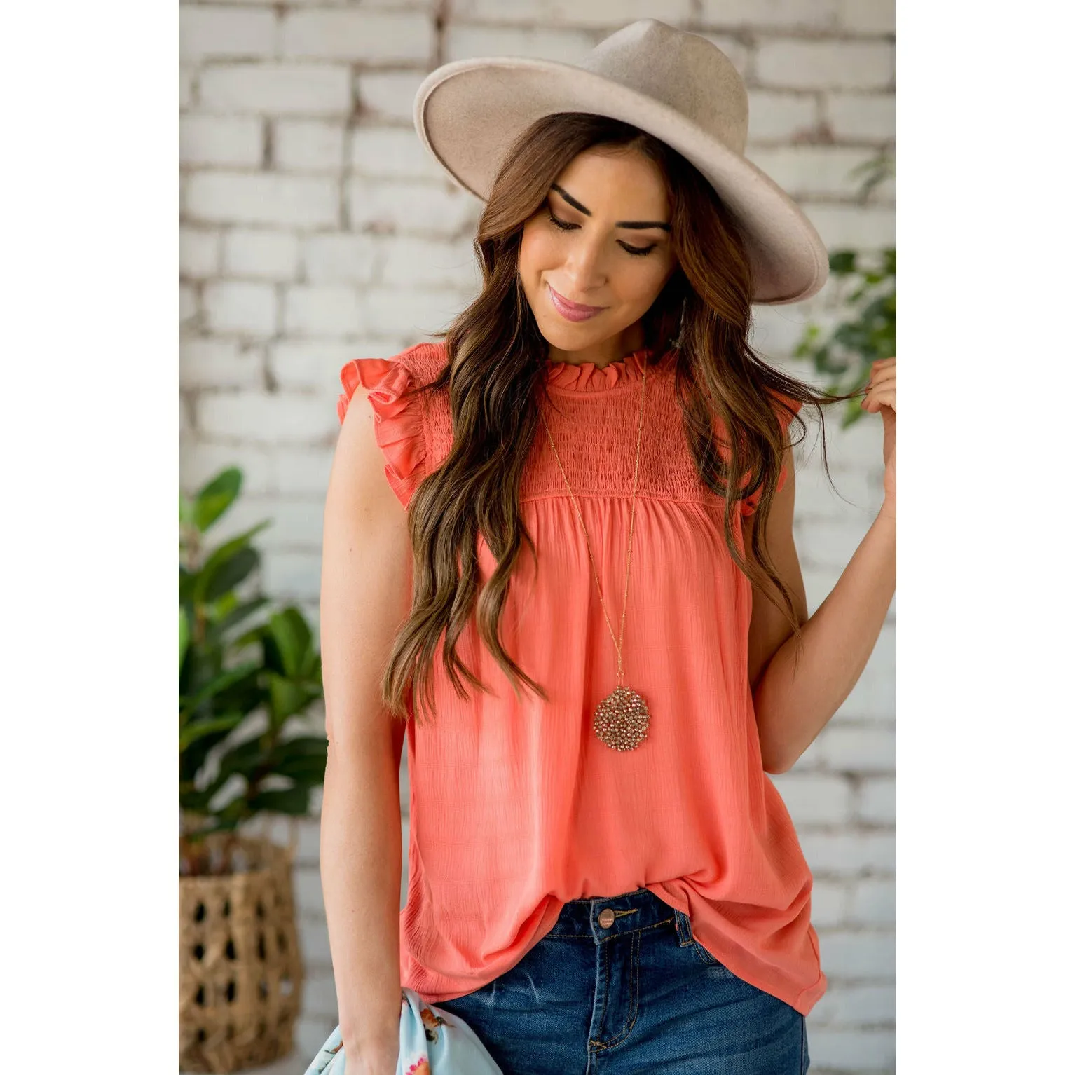 Smocked Cinch Neck Ruffle Shoulder Tank