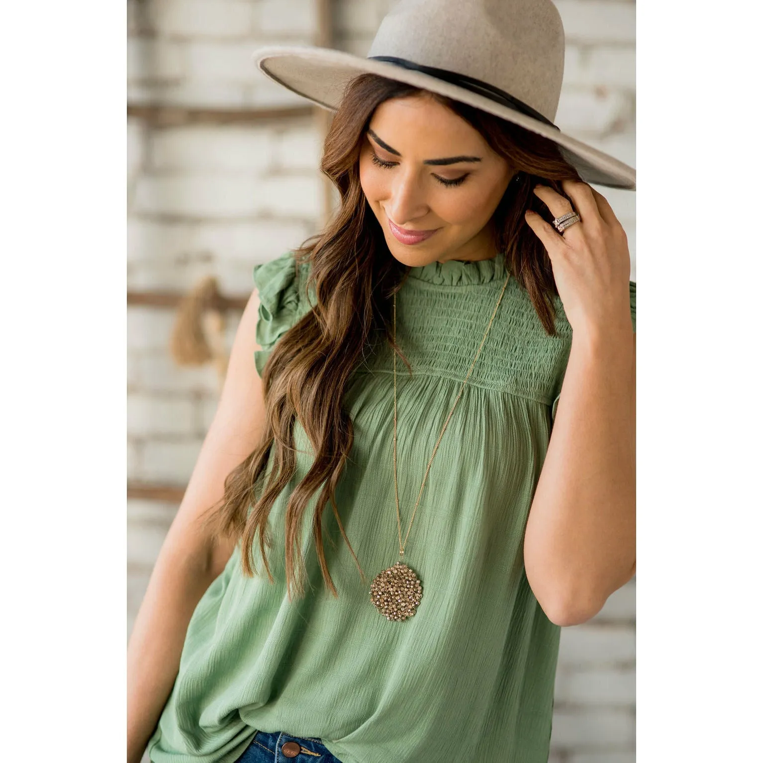 Smocked Cinch Neck Ruffle Shoulder Tank