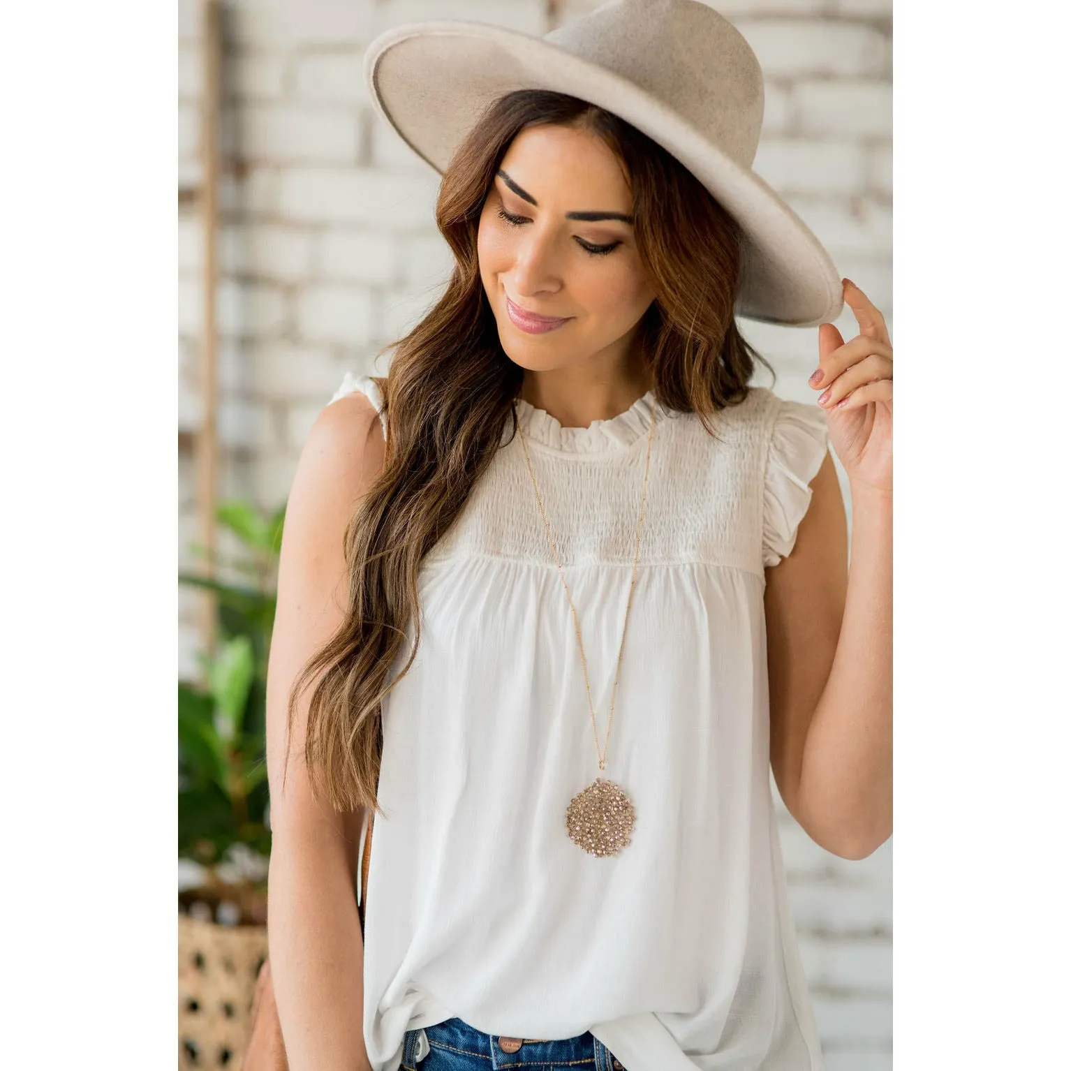 Smocked Cinch Neck Ruffle Shoulder Tank