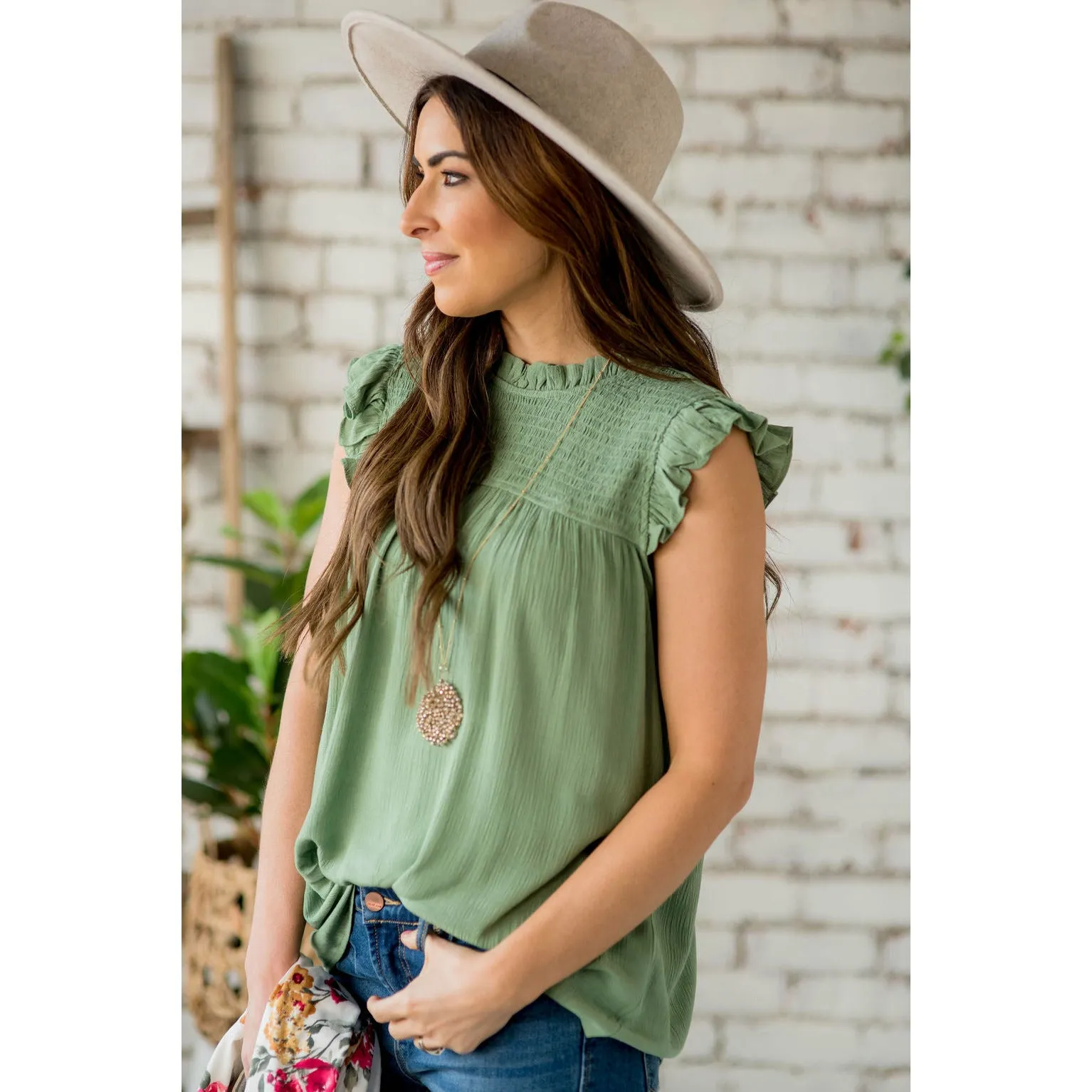 Smocked Cinch Neck Ruffle Shoulder Tank