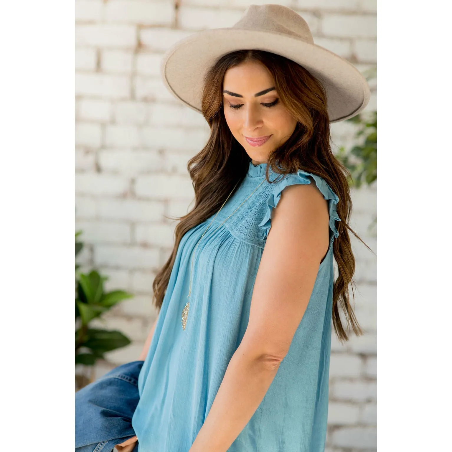 Smocked Cinch Neck Ruffle Shoulder Tank