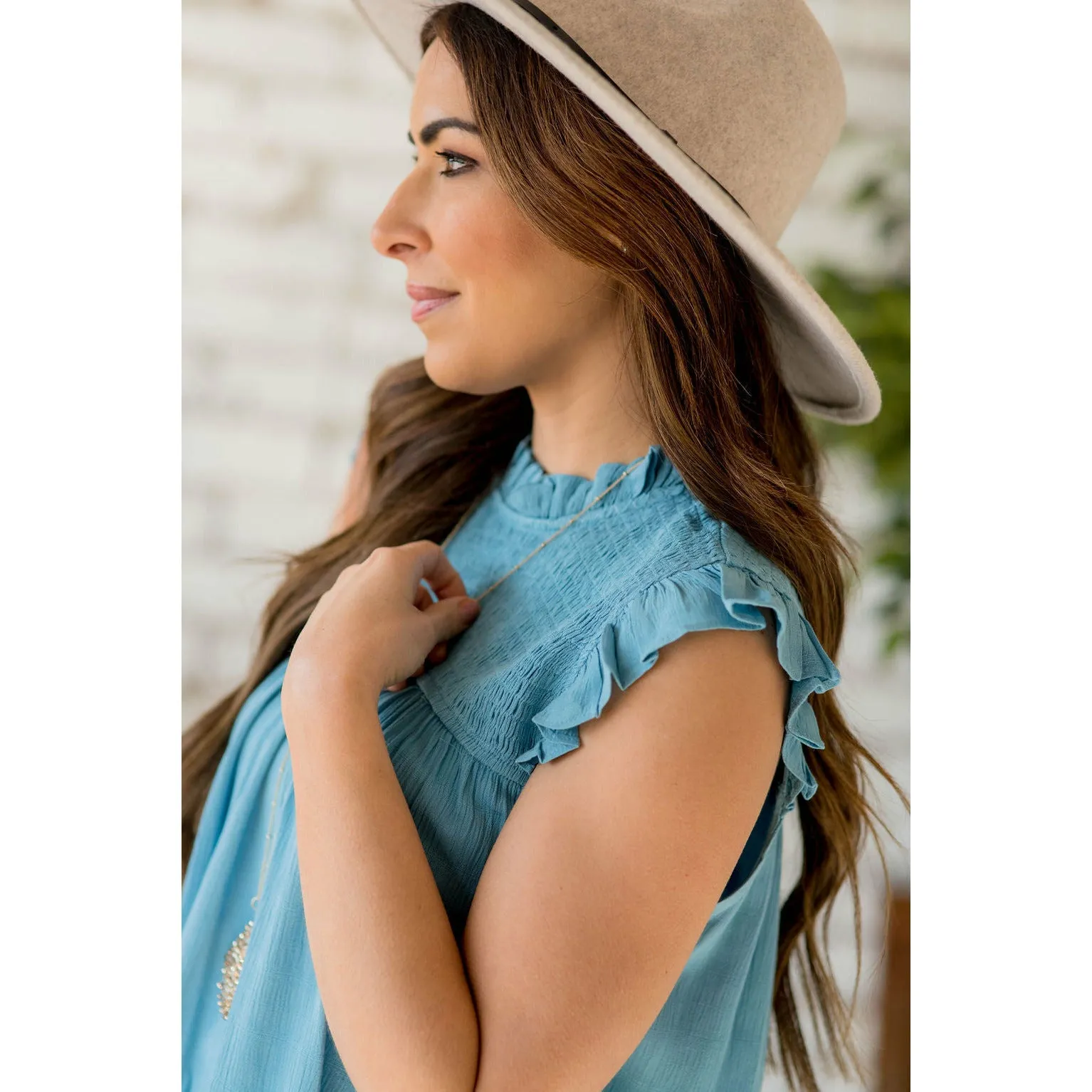 Smocked Cinch Neck Ruffle Shoulder Tank