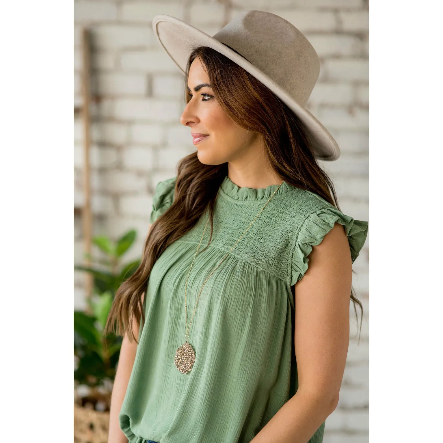 Smocked Cinch Neck Ruffle Shoulder Tank