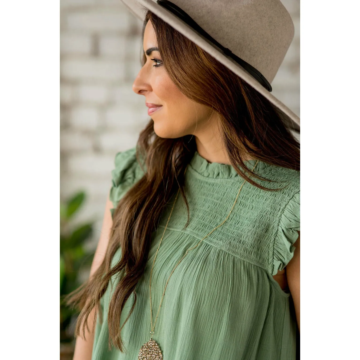 Smocked Cinch Neck Ruffle Shoulder Tank